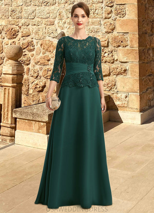 Xiomara A-line Scoop Illusion Floor-Length Chiffon Lace Mother of the Bride Dress With Beading Pleated Sequins DS126P0021700