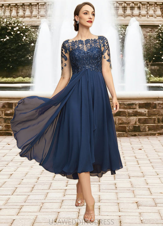 Eileen A-line Boat Neck Illusion Tea-Length Chiffon Lace Mother of the Bride Dress With Cascading Ruffles Sequins DS126P0021702