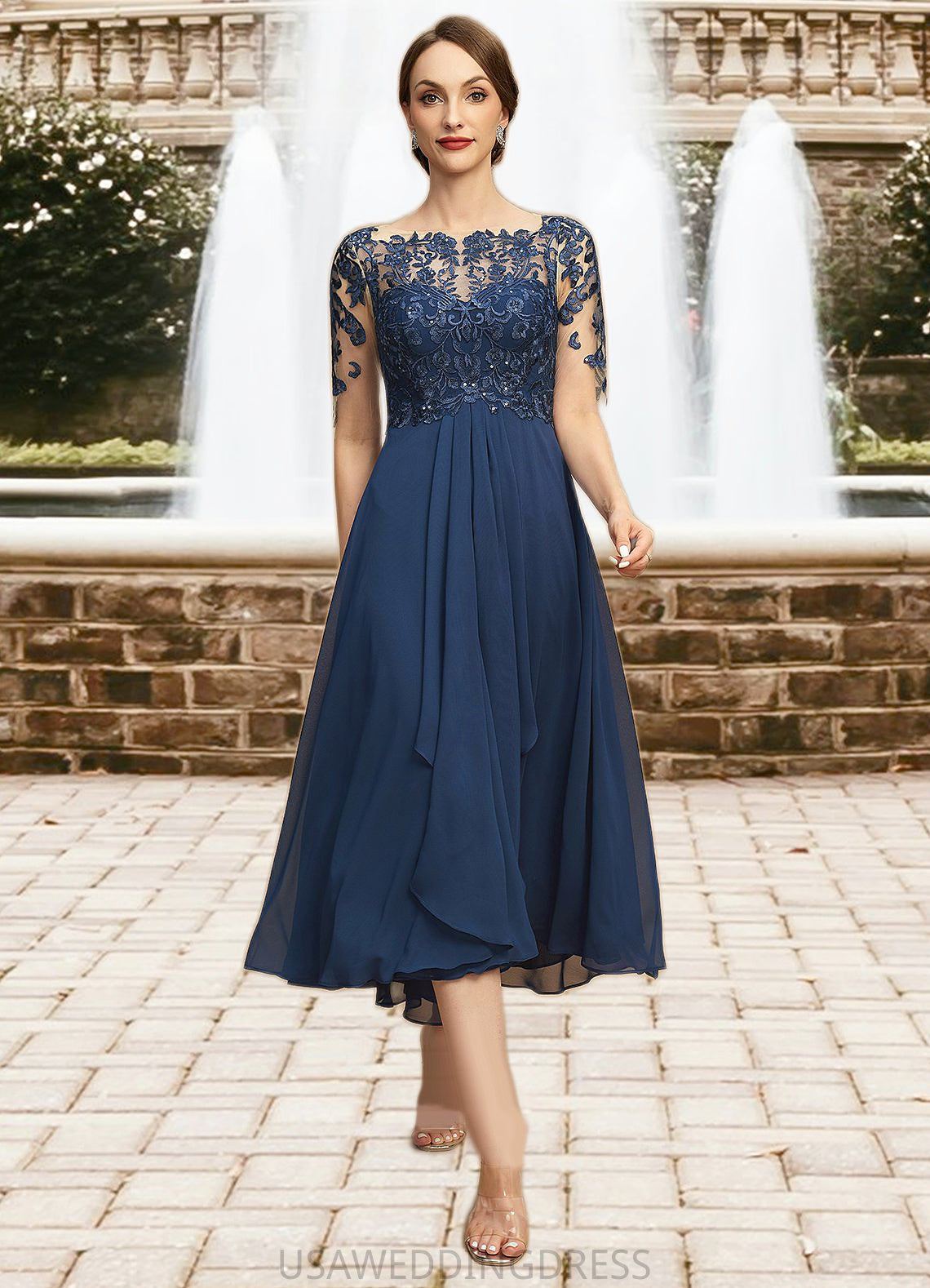 Eileen A-line Boat Neck Illusion Tea-Length Chiffon Lace Mother of the Bride Dress With Cascading Ruffles Sequins DS126P0021702