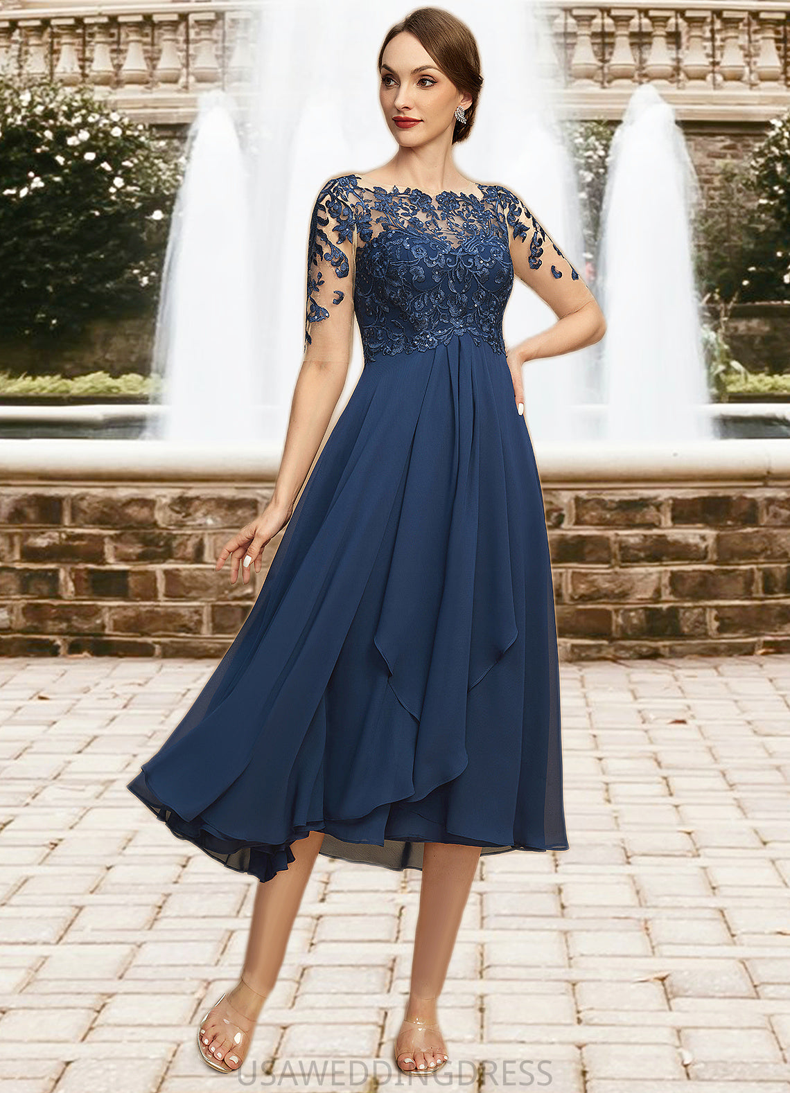 Eileen A-line Boat Neck Illusion Tea-Length Chiffon Lace Mother of the Bride Dress With Cascading Ruffles Sequins DS126P0021702