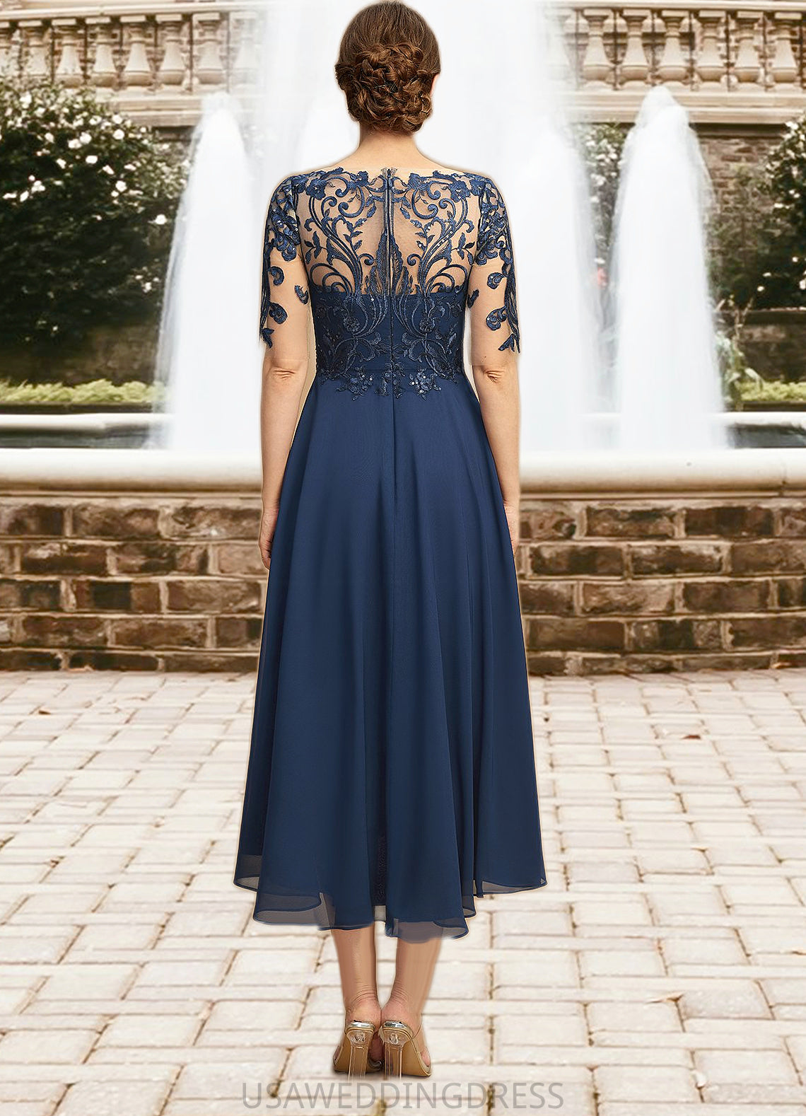 Eileen A-line Boat Neck Illusion Tea-Length Chiffon Lace Mother of the Bride Dress With Cascading Ruffles Sequins DS126P0021702