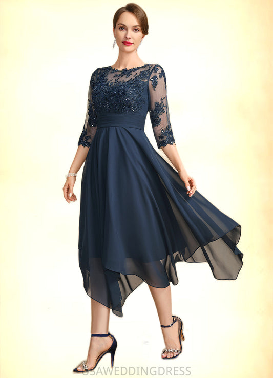 Meredith A-line Scoop Illusion Tea-Length Chiffon Lace Mother of the Bride Dress With Sequins DS126P0021704