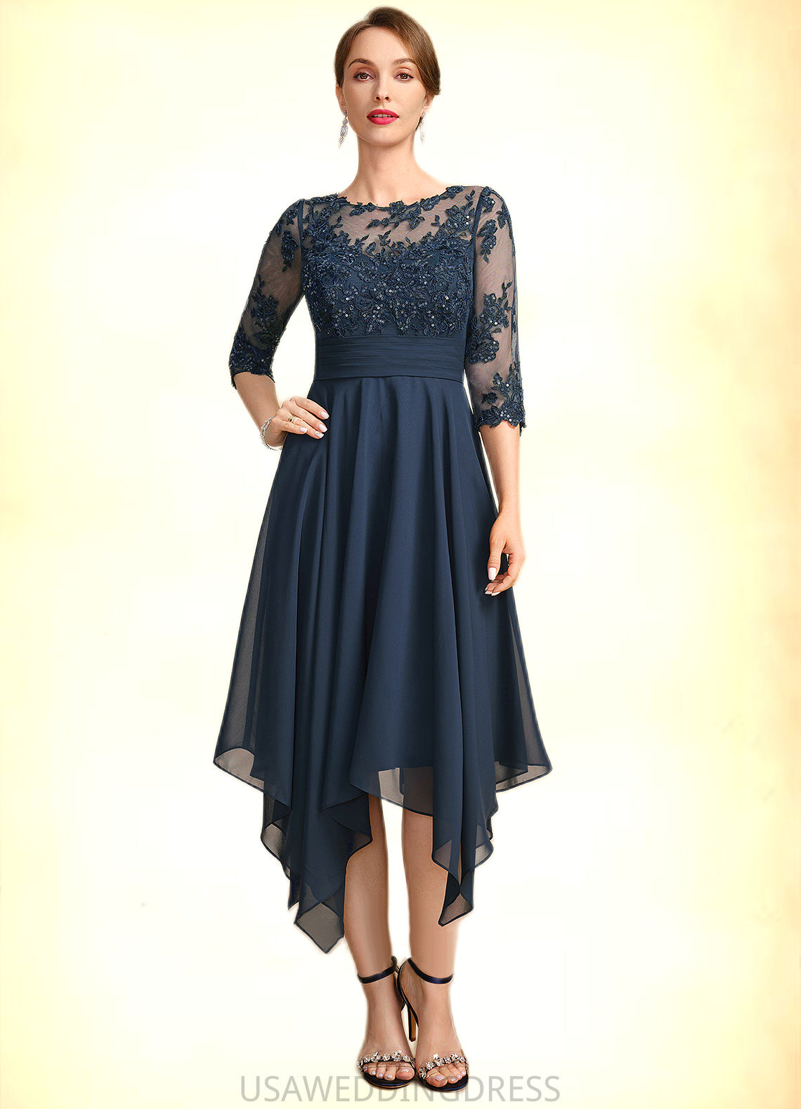 Meredith A-line Scoop Illusion Tea-Length Chiffon Lace Mother of the Bride Dress With Sequins DS126P0021704