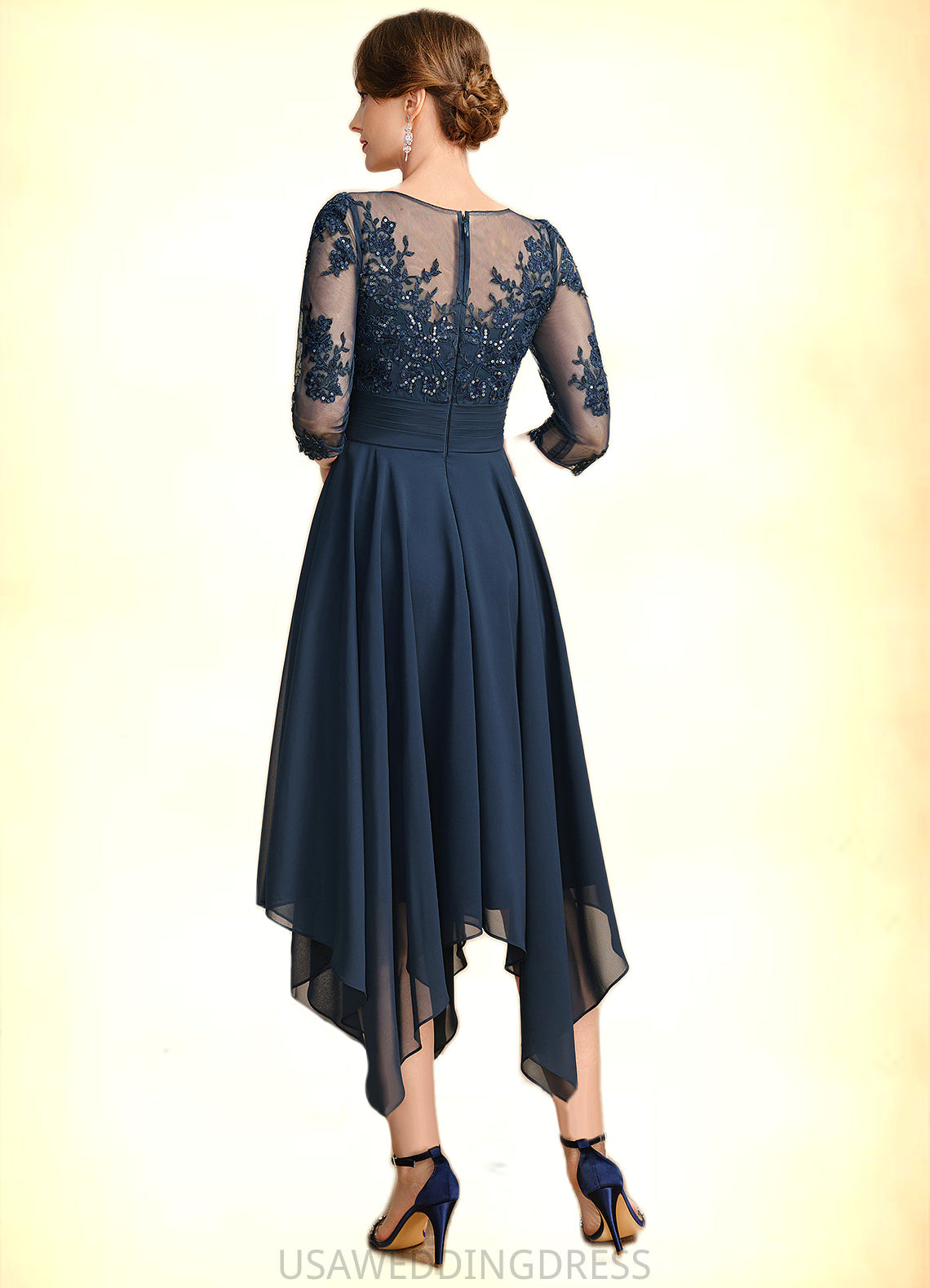 Meredith A-line Scoop Illusion Tea-Length Chiffon Lace Mother of the Bride Dress With Sequins DS126P0021704