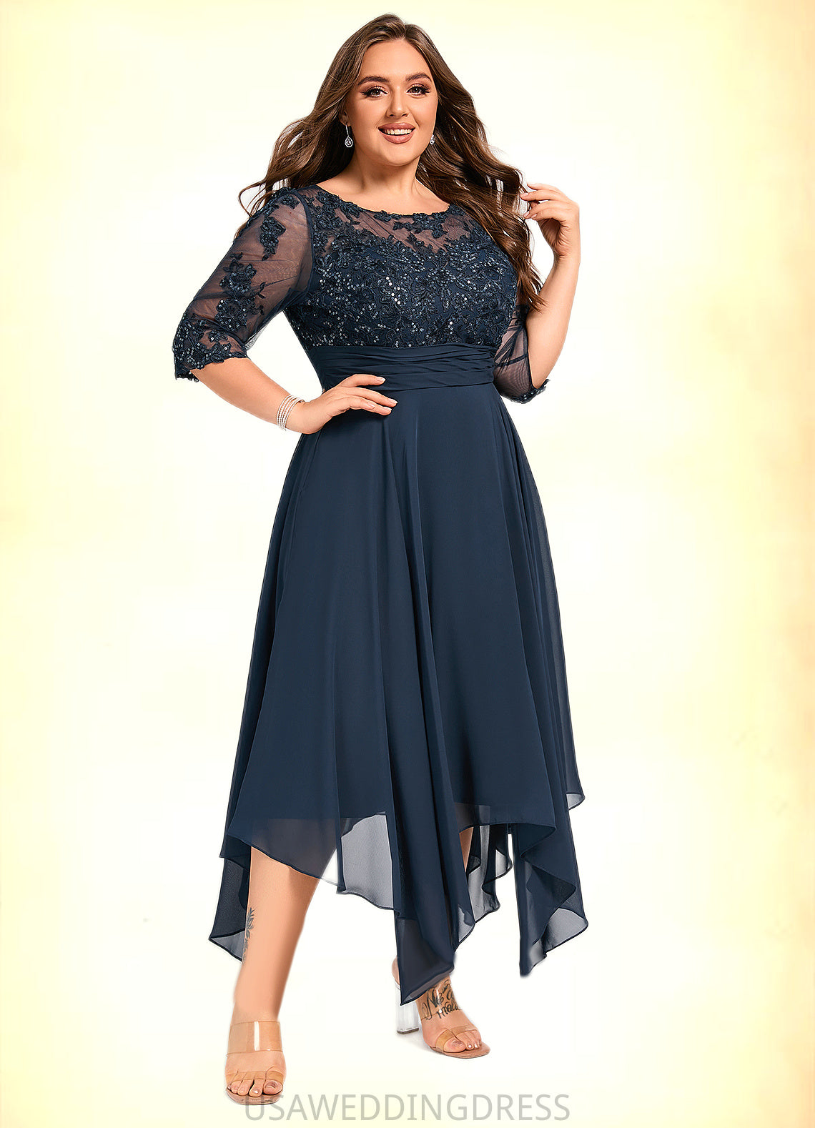 Meredith A-line Scoop Illusion Tea-Length Chiffon Lace Mother of the Bride Dress With Sequins DS126P0021704