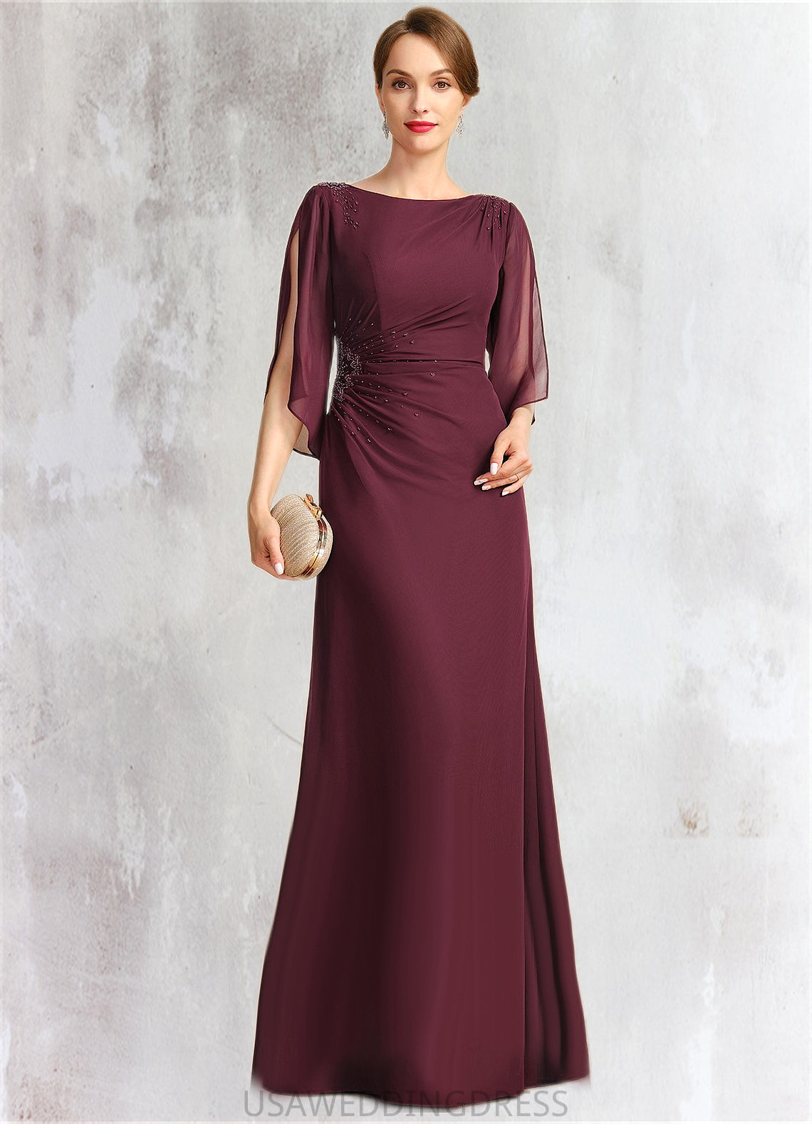Maya Sheath/Column Scoop Floor-Length Chiffon Mother of the Bride Dress With Beading Pleated DS126P0021708