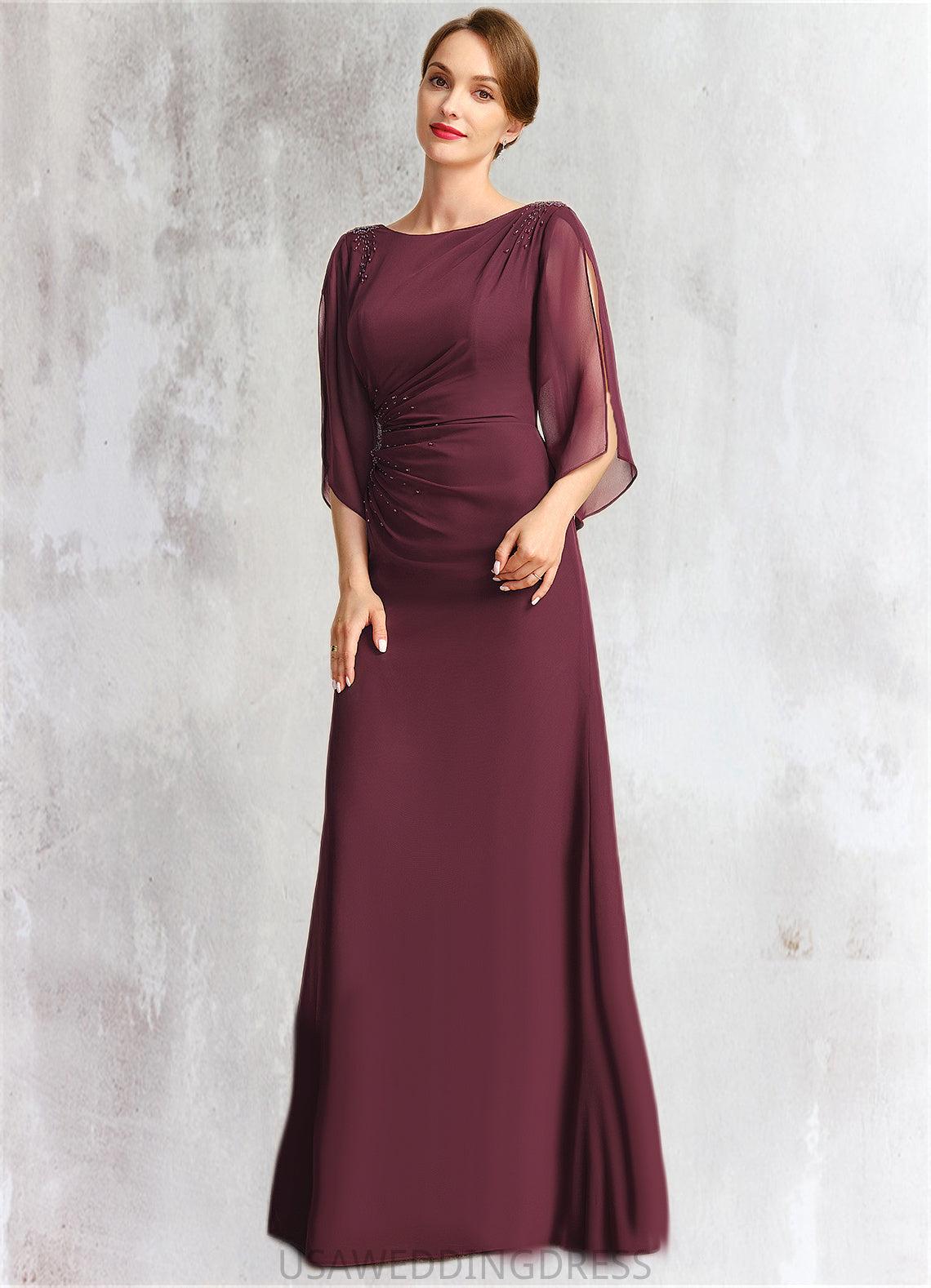 Maya Sheath/Column Scoop Floor-Length Chiffon Mother of the Bride Dress With Beading Pleated DS126P0021708