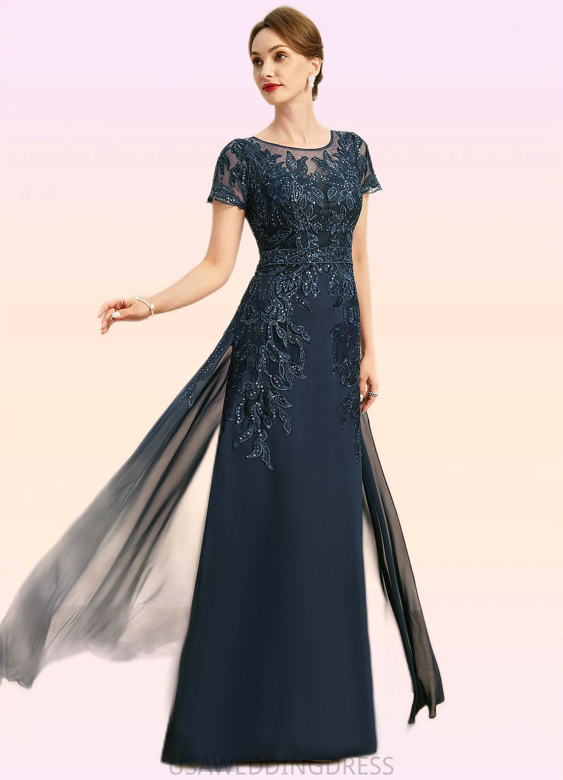 Naomi Sheath/Column Scoop Illusion Floor-Length Chiffon Lace Mother of the Bride Dress With Sequins DS126P0021709
