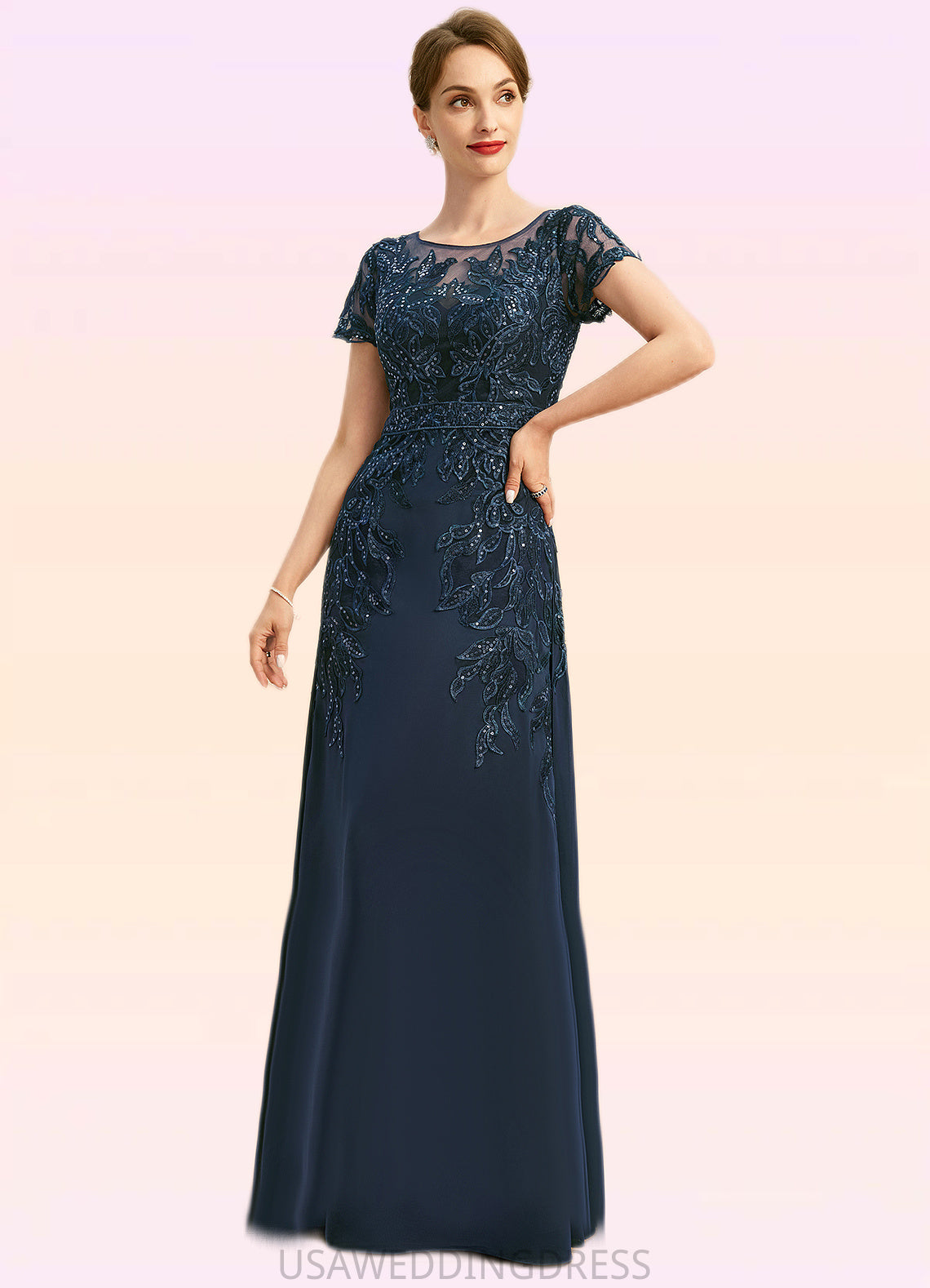 Naomi Sheath/Column Scoop Illusion Floor-Length Chiffon Lace Mother of the Bride Dress With Sequins DS126P0021709