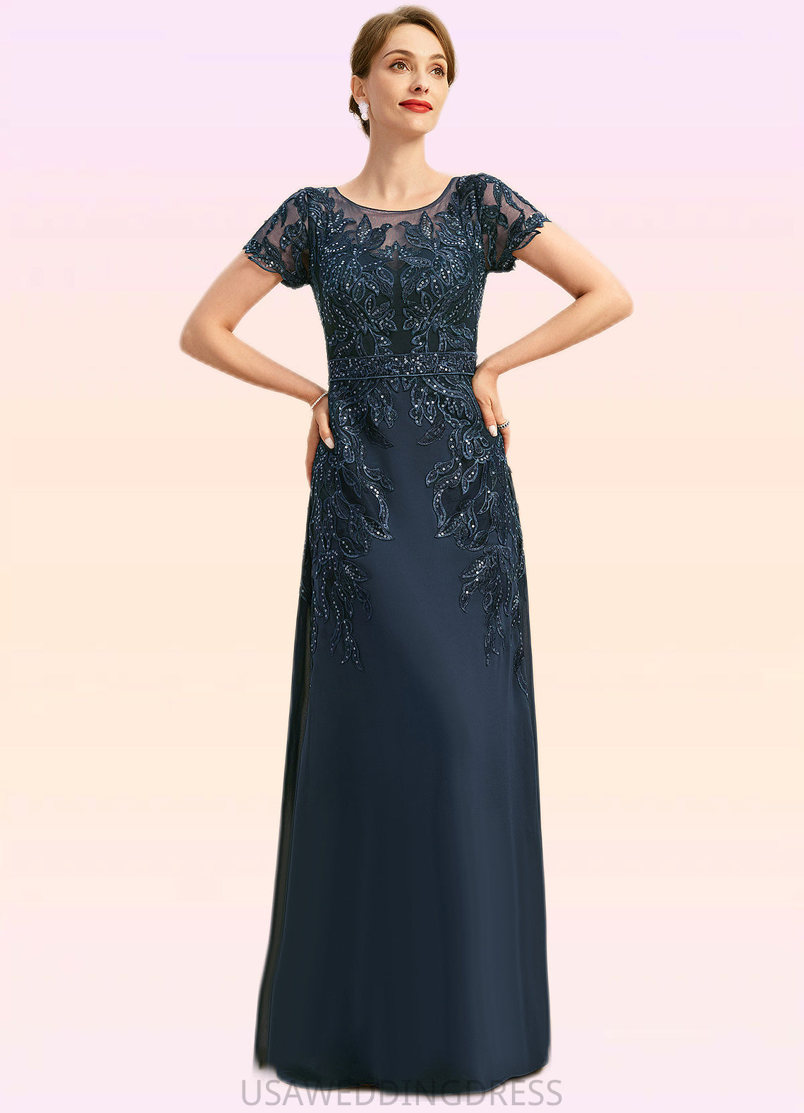 Naomi Sheath/Column Scoop Illusion Floor-Length Chiffon Lace Mother of the Bride Dress With Sequins DS126P0021709