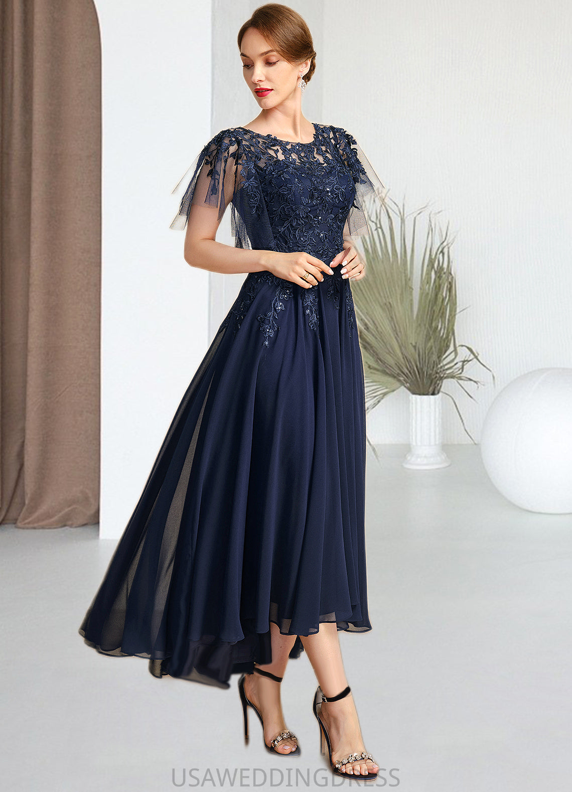 Janiyah A-line Scoop Illusion Asymmetrical Chiffon Lace Mother of the Bride Dress With Sequins DS126P0021712