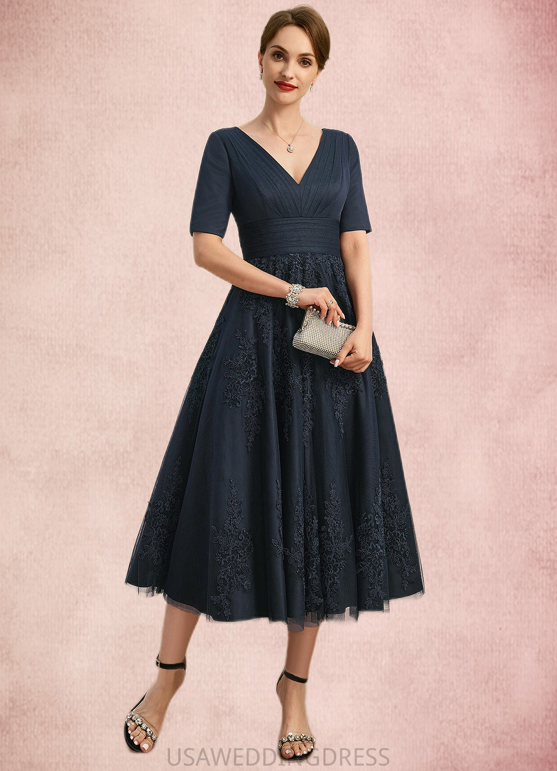 Kinsley A-line V-Neck Tea-Length Lace Tulle Mother of the Bride Dress With Pleated DS126P0021716