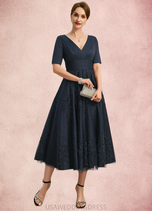 Kinsley A-line V-Neck Tea-Length Lace Tulle Mother of the Bride Dress With Pleated DS126P0021716