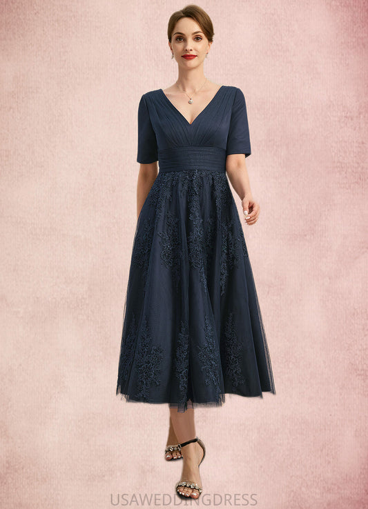 Kinsley A-line V-Neck Tea-Length Lace Tulle Mother of the Bride Dress With Pleated DS126P0021716
