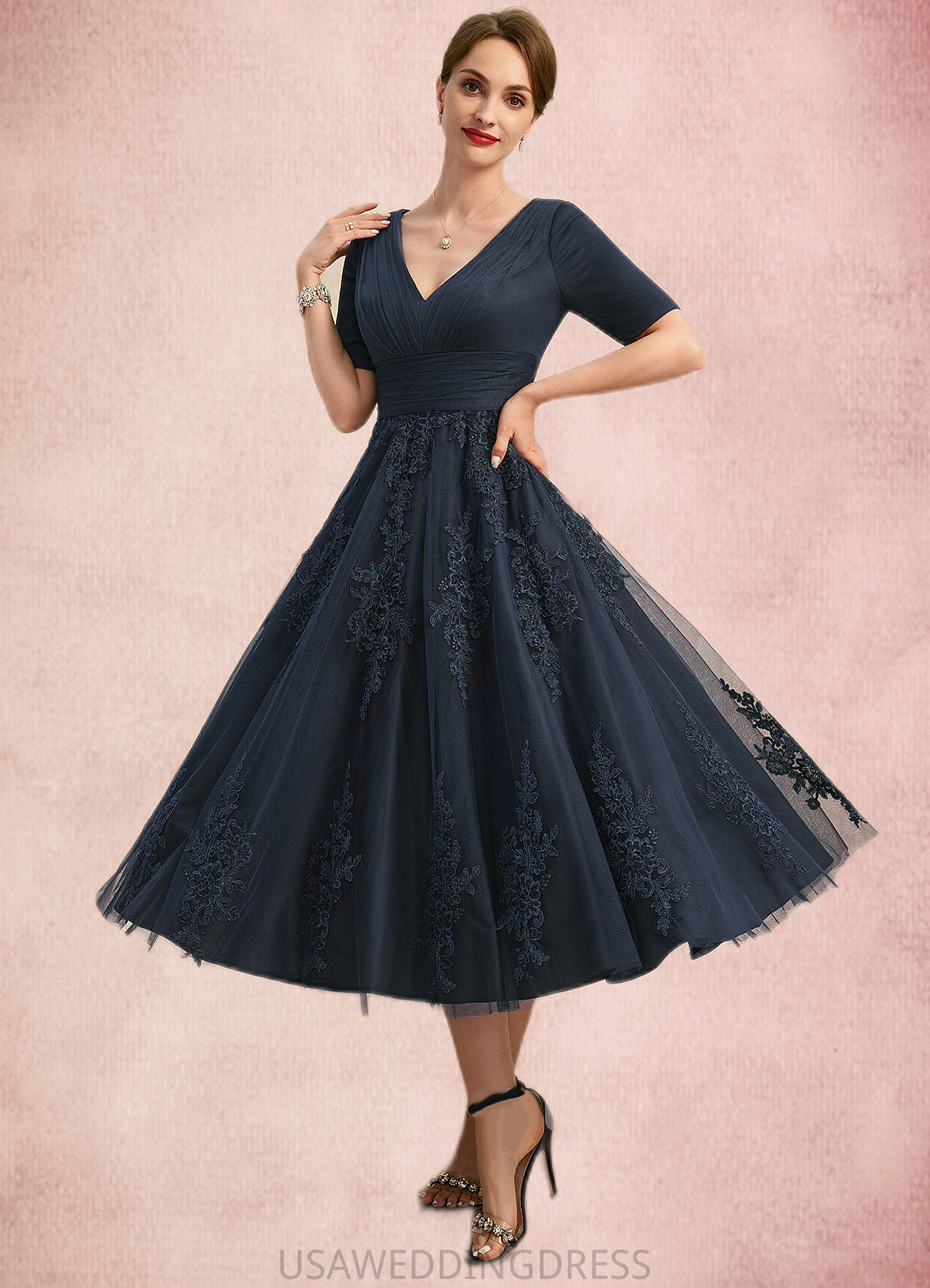 Kinsley A-line V-Neck Tea-Length Lace Tulle Mother of the Bride Dress With Pleated DS126P0021716