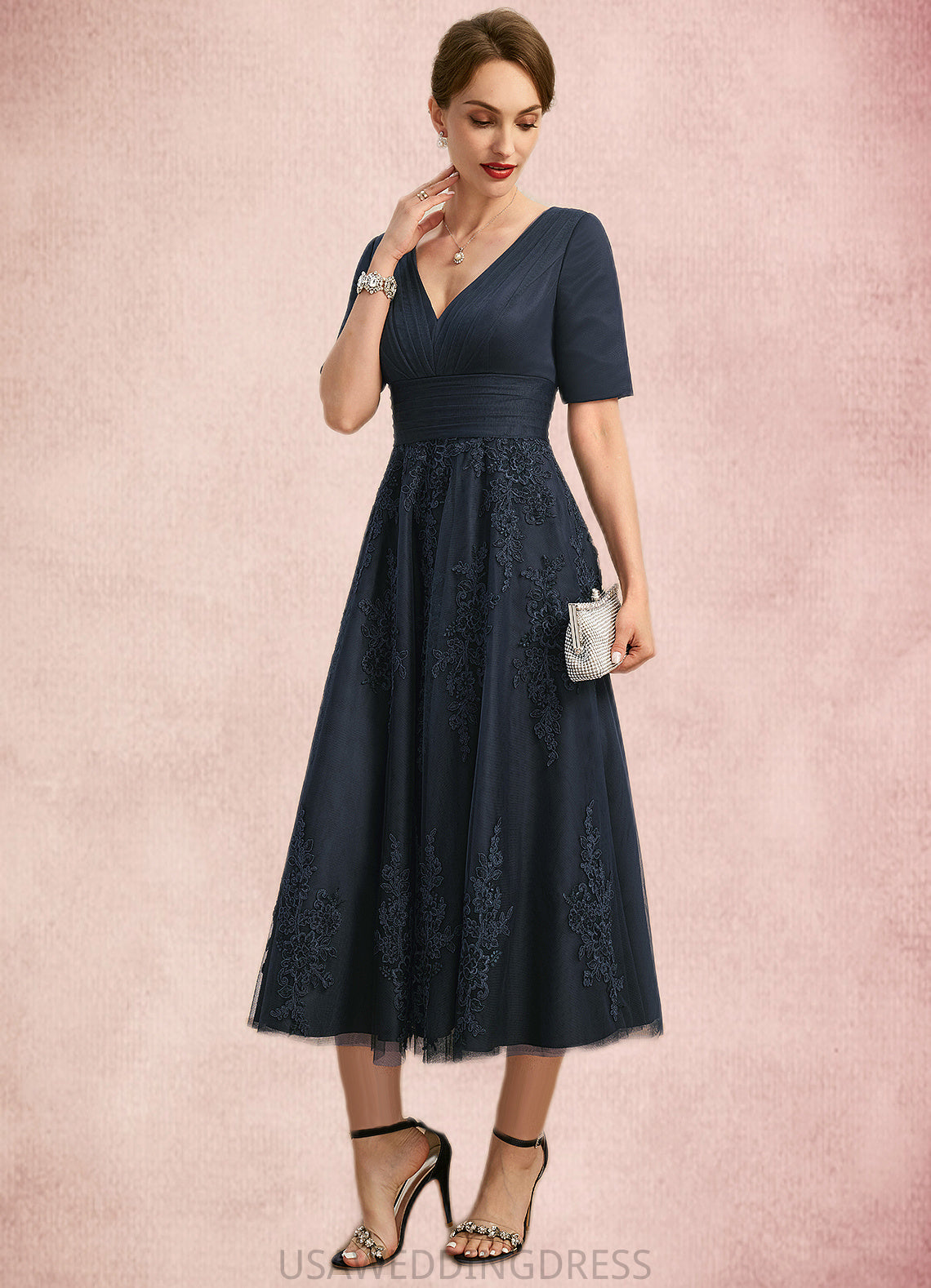 Kinsley A-line V-Neck Tea-Length Lace Tulle Mother of the Bride Dress With Pleated DS126P0021716