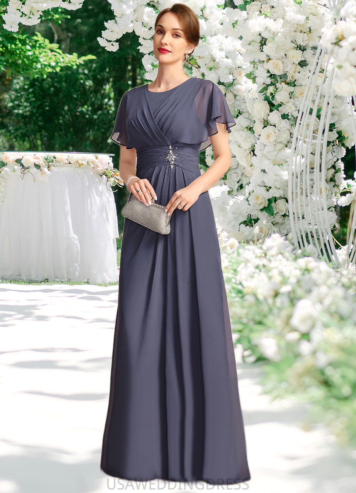 Luna A-line Scoop Floor-Length Chiffon Mother of the Bride Dress With Beading Pleated DS126P0021717