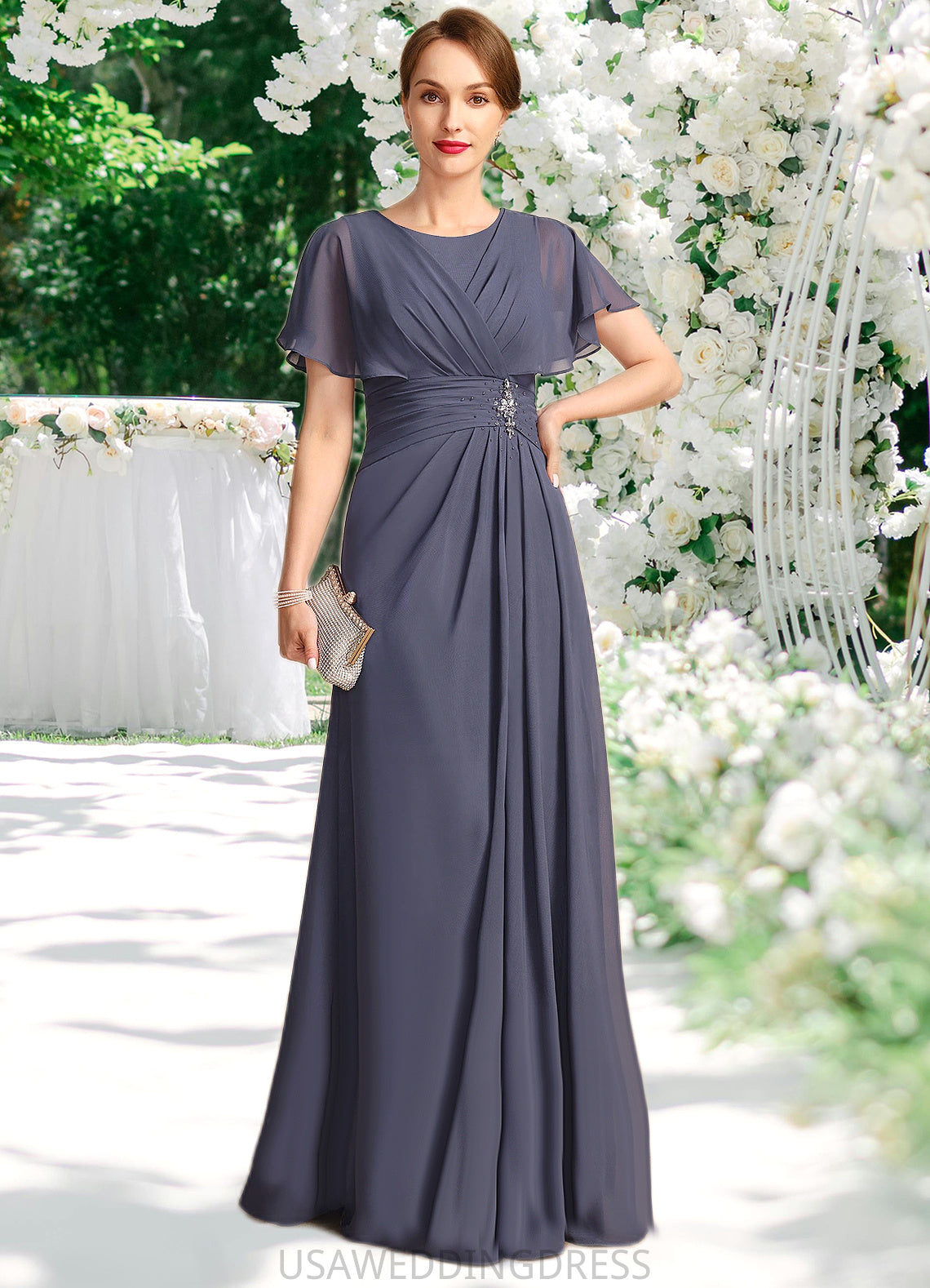 Luna A-line Scoop Floor-Length Chiffon Mother of the Bride Dress With Beading Pleated DS126P0021717
