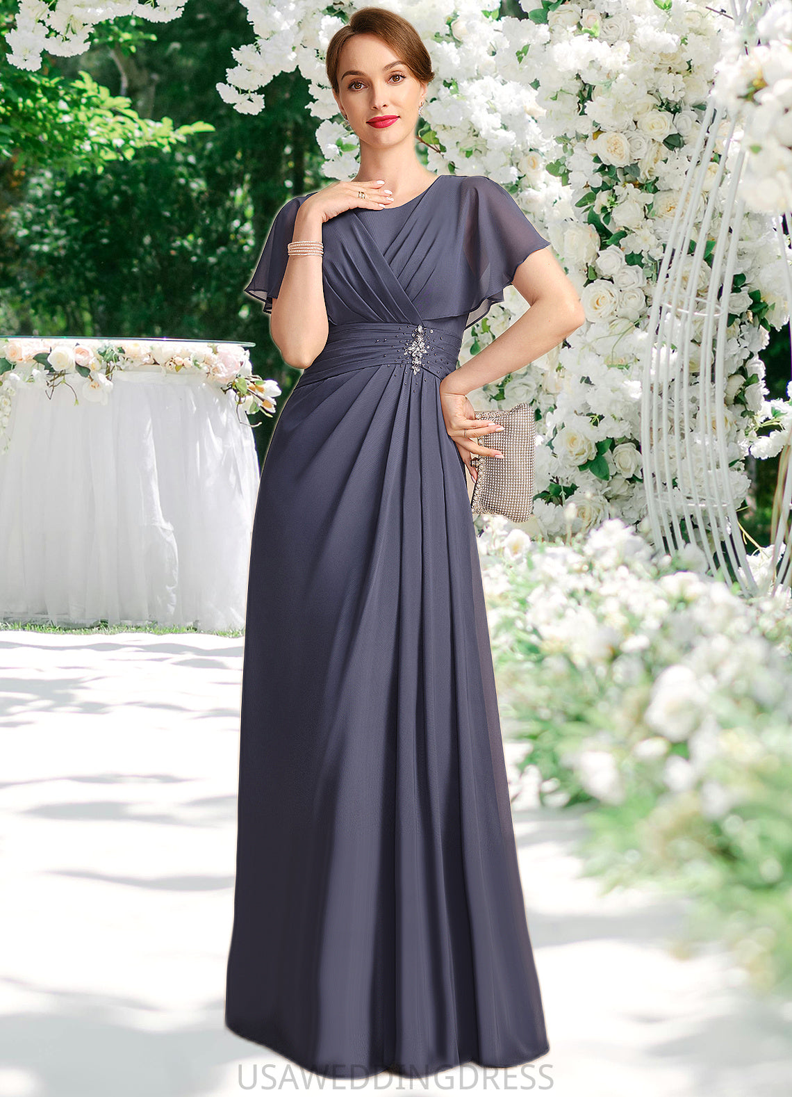 Luna A-line Scoop Floor-Length Chiffon Mother of the Bride Dress With Beading Pleated DS126P0021717