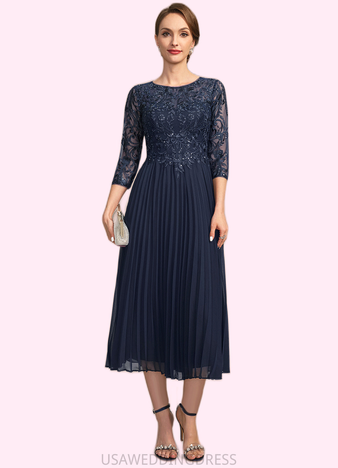 Jasmine A-line Scoop Illusion Tea-Length Chiffon Lace Mother of the Bride Dress With Pleated Sequins DS126P0021720