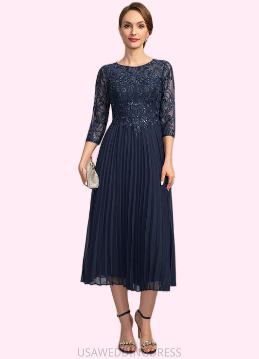 Jasmine A-line Scoop Illusion Tea-Length Chiffon Lace Mother of the Bride Dress With Pleated Sequins DS126P0021720