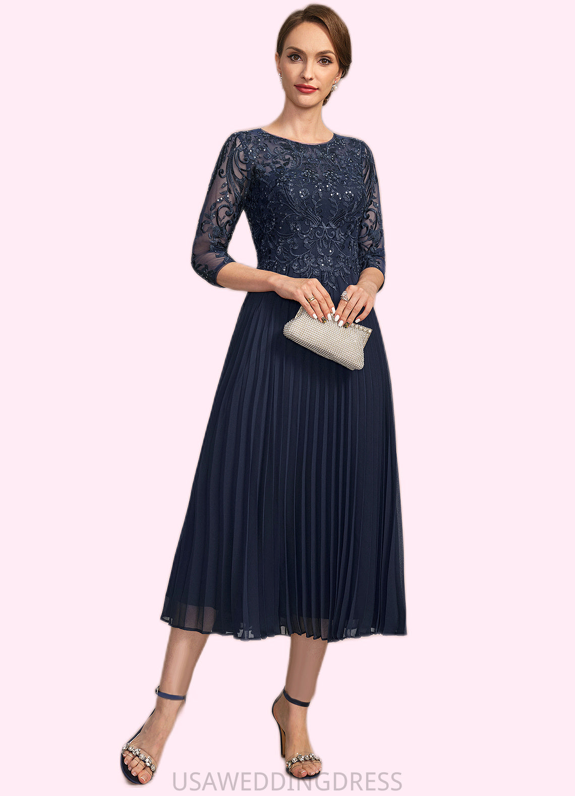 Jasmine A-line Scoop Illusion Tea-Length Chiffon Lace Mother of the Bride Dress With Pleated Sequins DS126P0021720