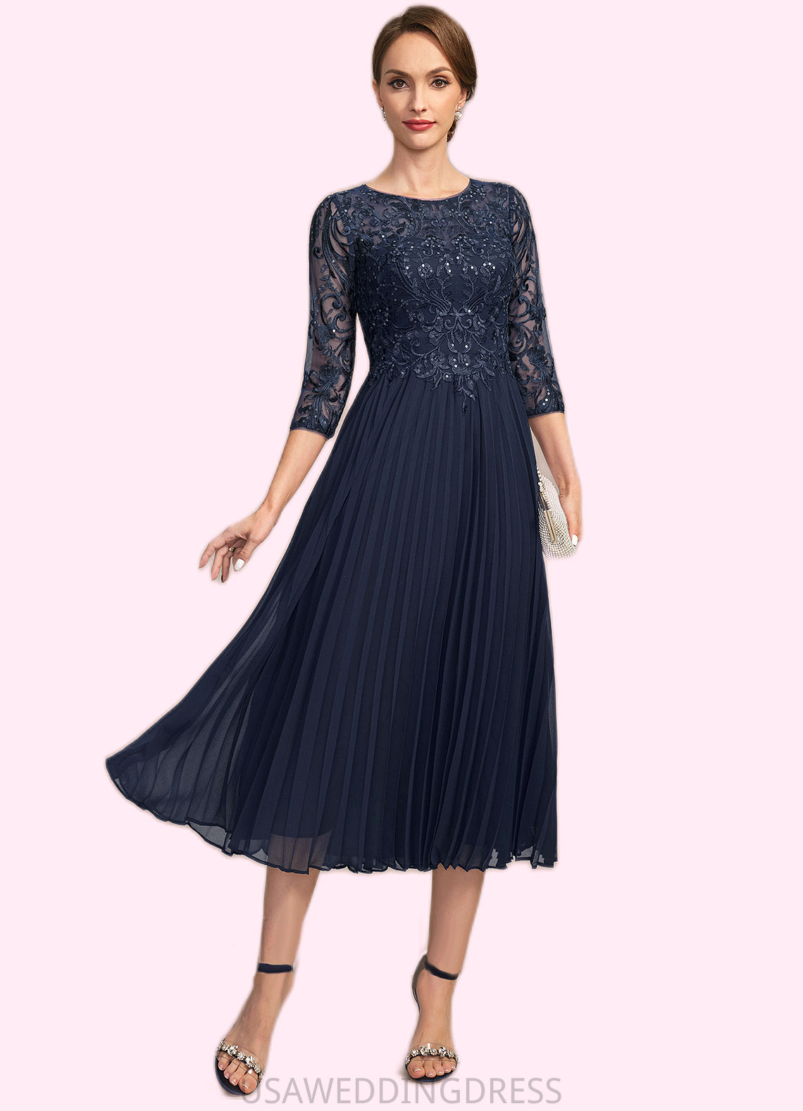 Jasmine A-line Scoop Illusion Tea-Length Chiffon Lace Mother of the Bride Dress With Pleated Sequins DS126P0021720