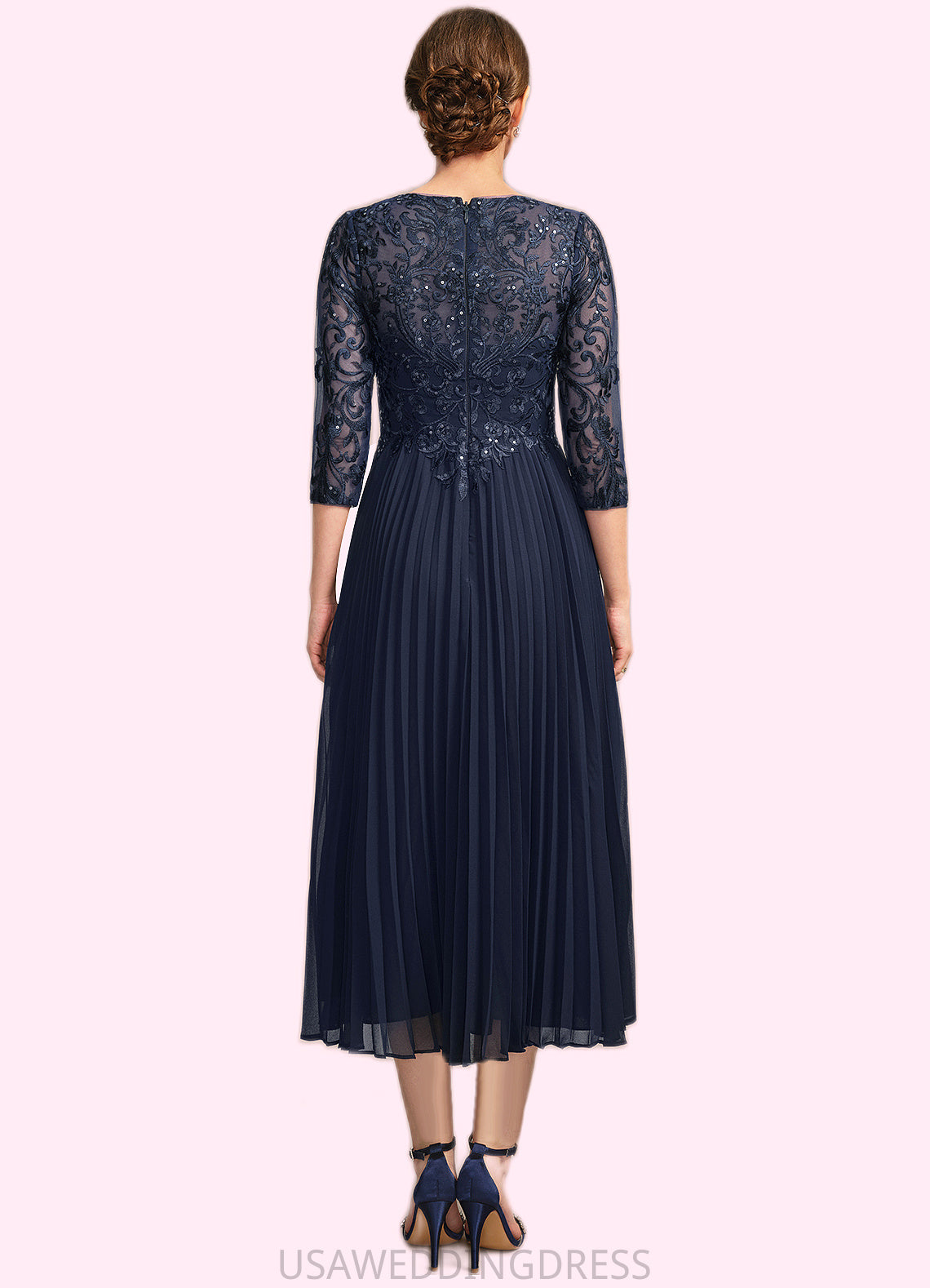 Jasmine A-line Scoop Illusion Tea-Length Chiffon Lace Mother of the Bride Dress With Pleated Sequins DS126P0021720