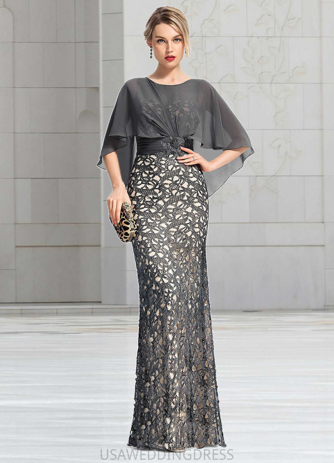 Genevieve Sheath/Column Scoop Floor-Length Chiffon Lace Mother of the Bride Dress With Beading Flower Sequins DS126P0021722