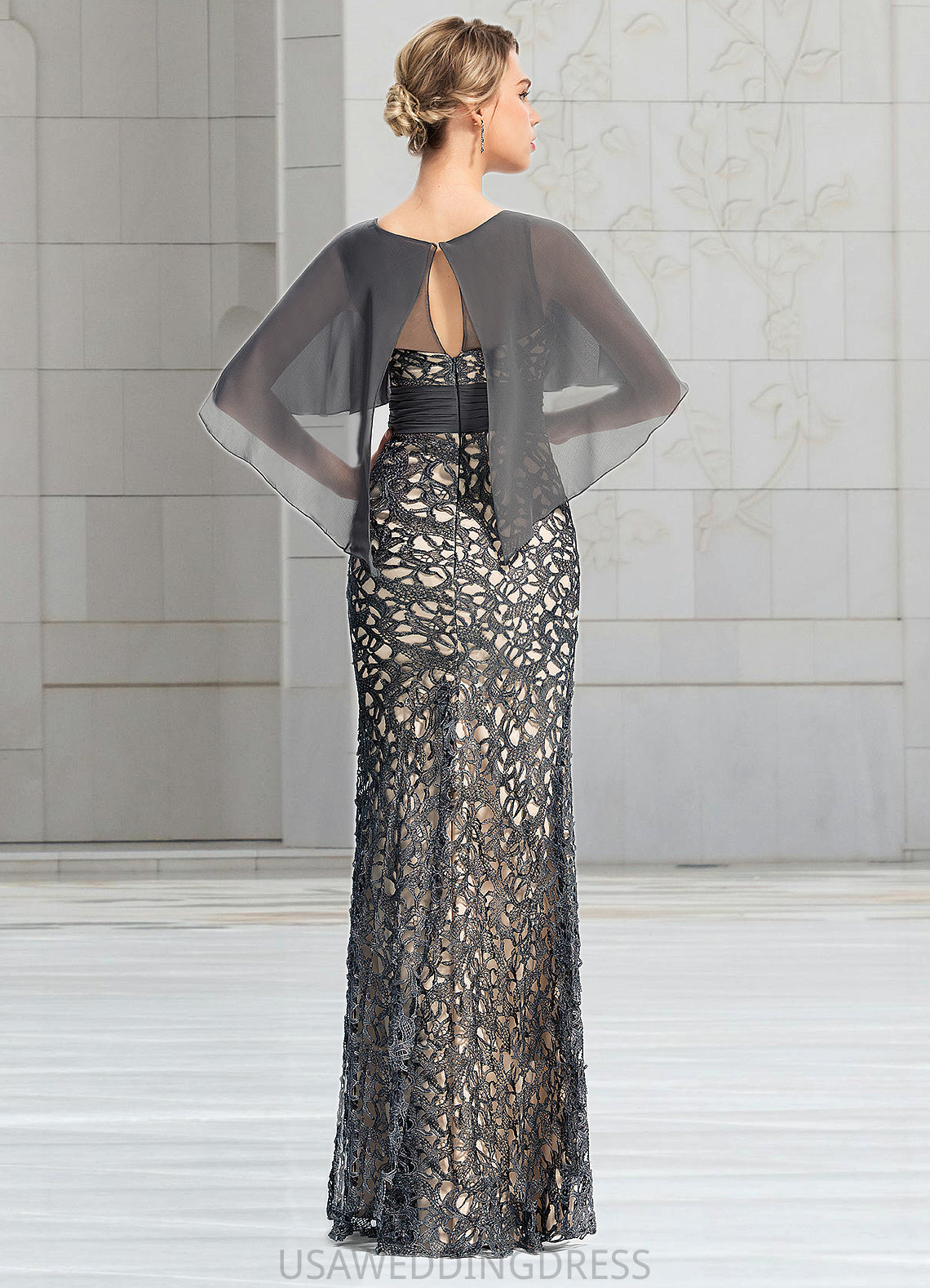 Genevieve Sheath/Column Scoop Floor-Length Chiffon Lace Mother of the Bride Dress With Beading Flower Sequins DS126P0021722