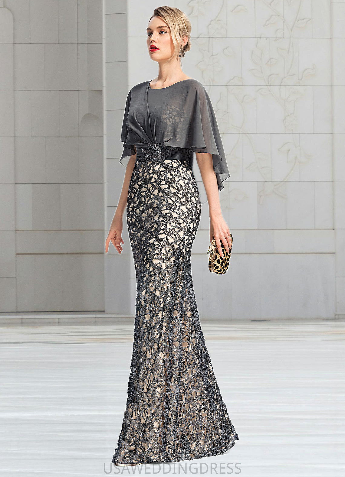 Genevieve Sheath/Column Scoop Floor-Length Chiffon Lace Mother of the Bride Dress With Beading Flower Sequins DS126P0021722