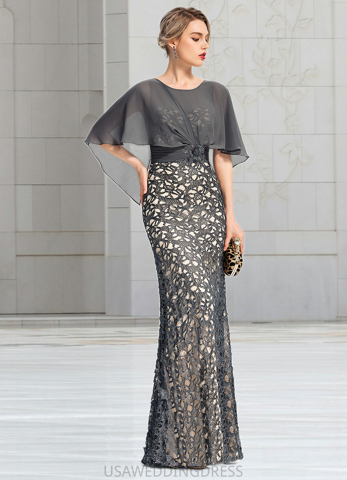Genevieve Sheath/Column Scoop Floor-Length Chiffon Lace Mother of the Bride Dress With Beading Flower Sequins DS126P0021722