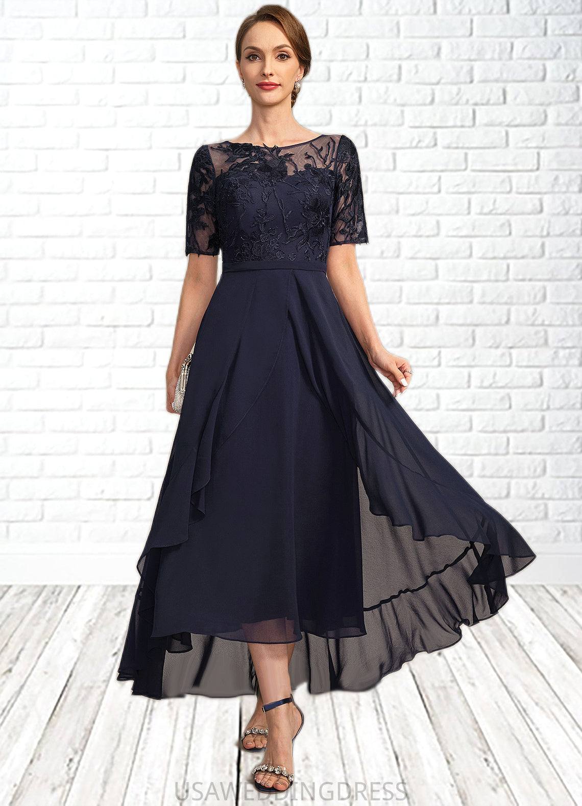 Brisa A-line Scoop Illusion Asymmetrical Chiffon Lace Mother of the Bride Dress DS126P0021725
