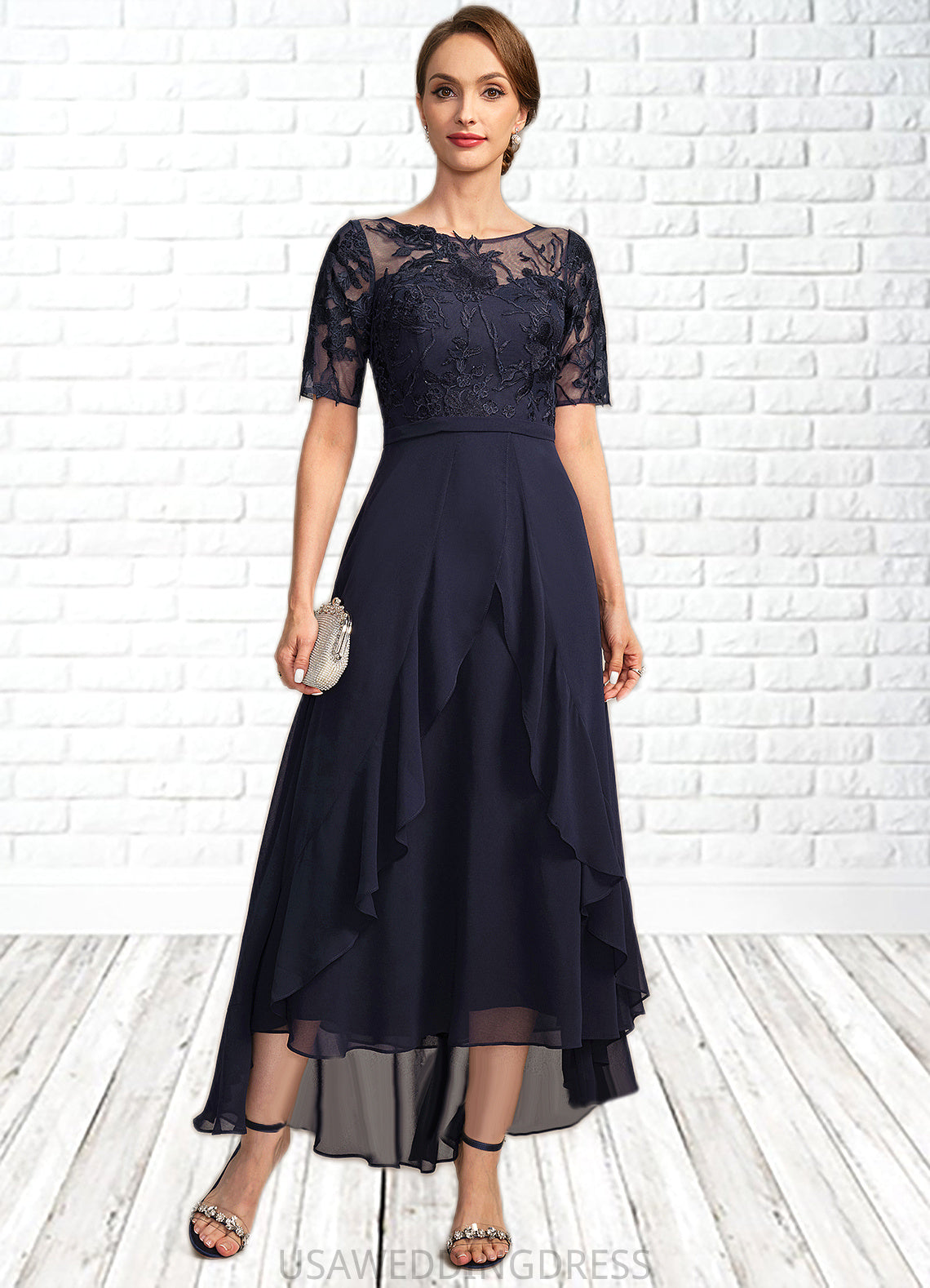 Brisa A-line Scoop Illusion Asymmetrical Chiffon Lace Mother of the Bride Dress DS126P0021725