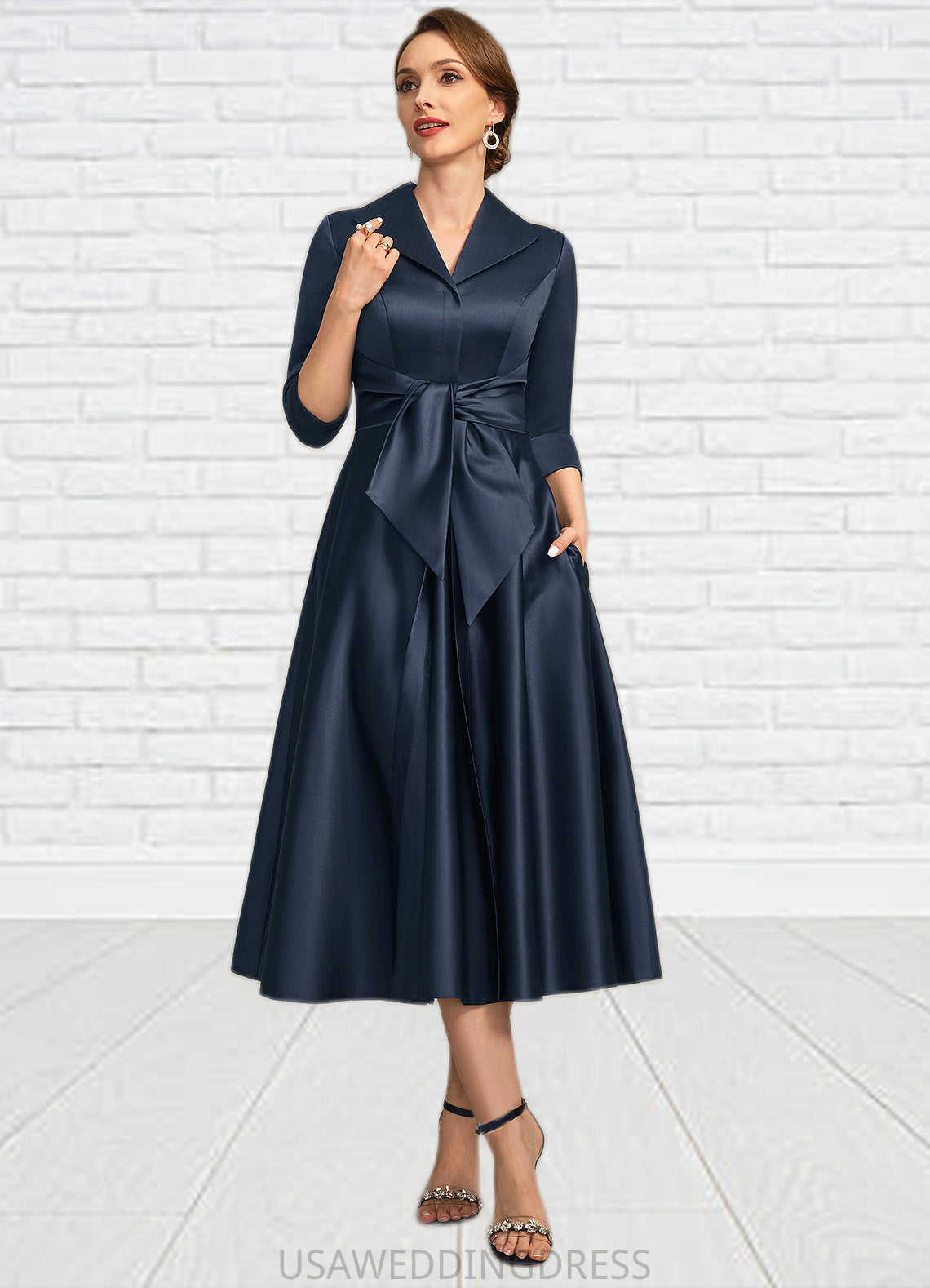 Daphne A-line V-Neck Tea-Length Satin Mother of the Bride Dress DS126P0021727