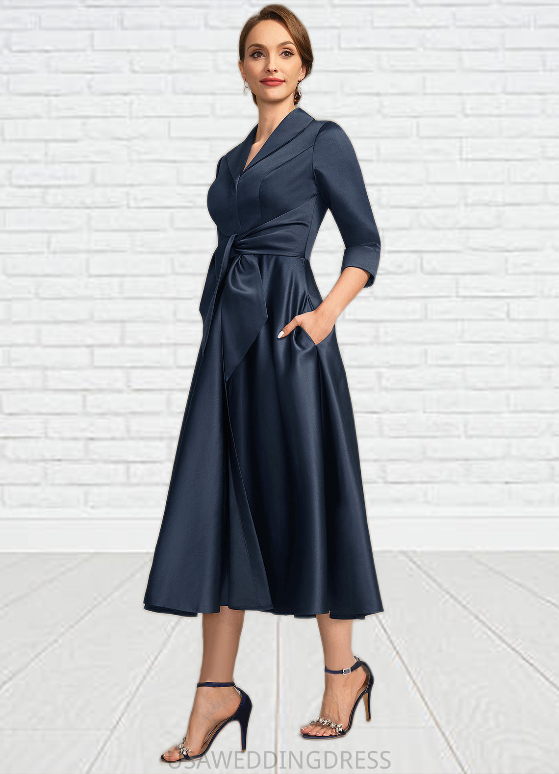 Daphne A-line V-Neck Tea-Length Satin Mother of the Bride Dress DS126P0021727