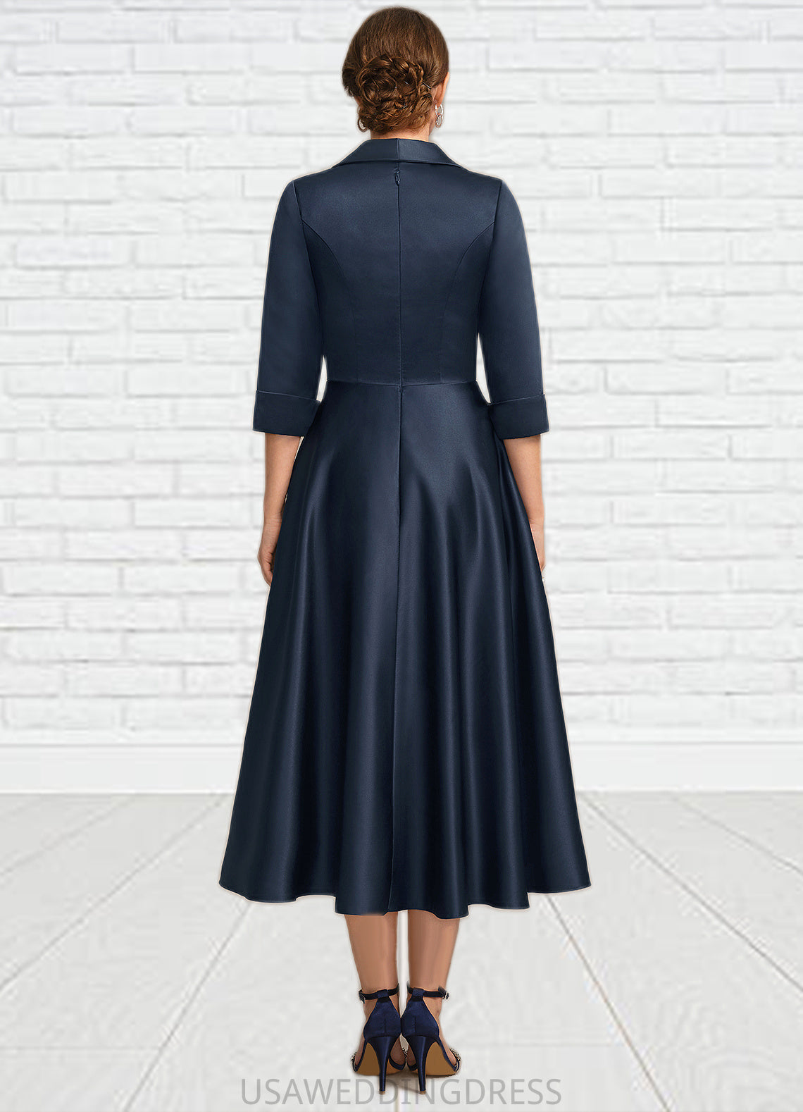 Daphne A-line V-Neck Tea-Length Satin Mother of the Bride Dress DS126P0021727