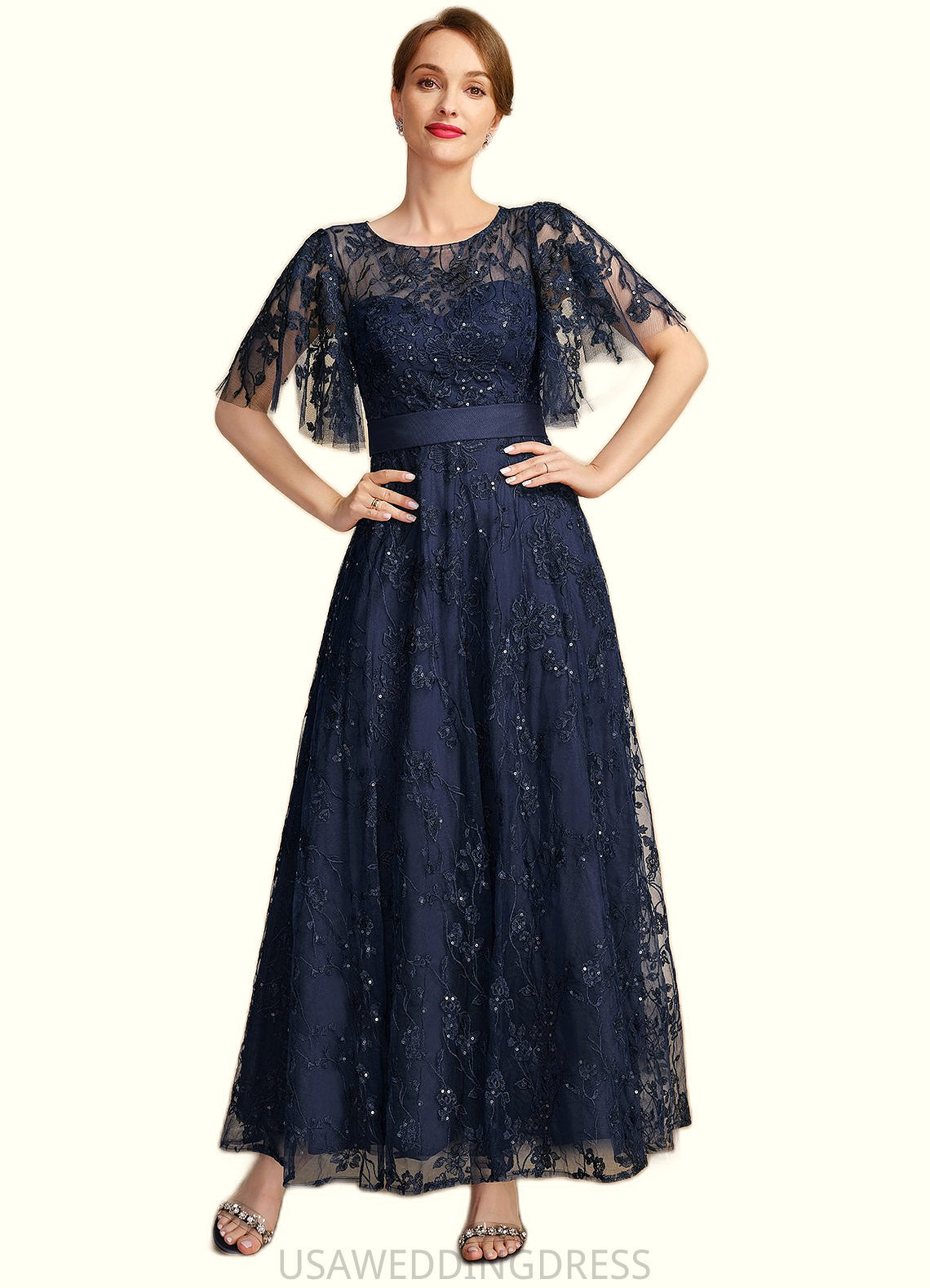Jade A-line Scoop Illusion Ankle-Length Lace Mother of the Bride Dress With Sequins DS126P0021728