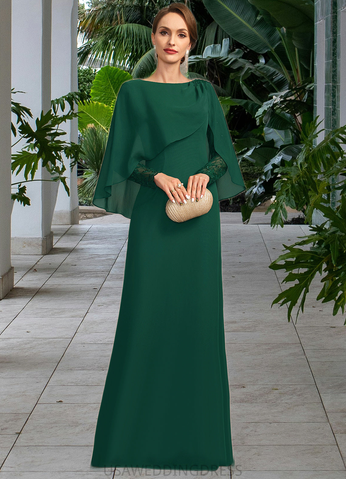 Jade Sheath/Column Scoop Floor-Length Chiffon Lace Mother of the Bride Dress With Pleated DS126P0021729