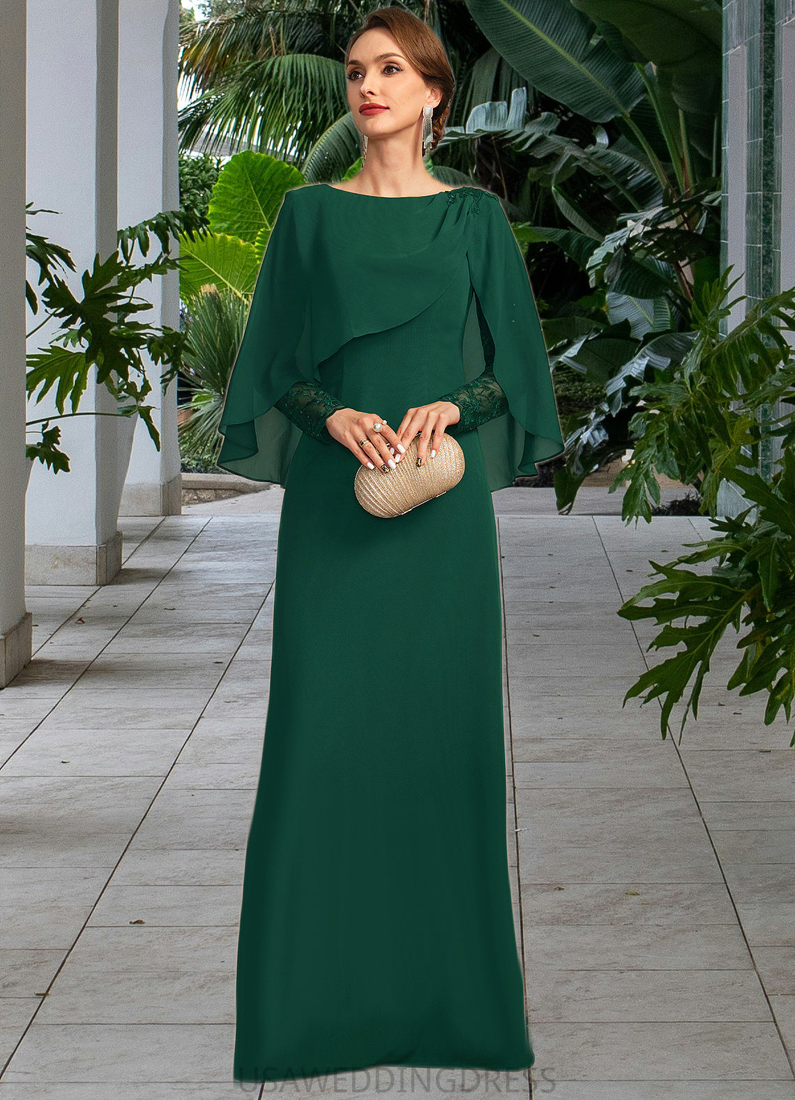 Jade Sheath/Column Scoop Floor-Length Chiffon Lace Mother of the Bride Dress With Pleated DS126P0021729