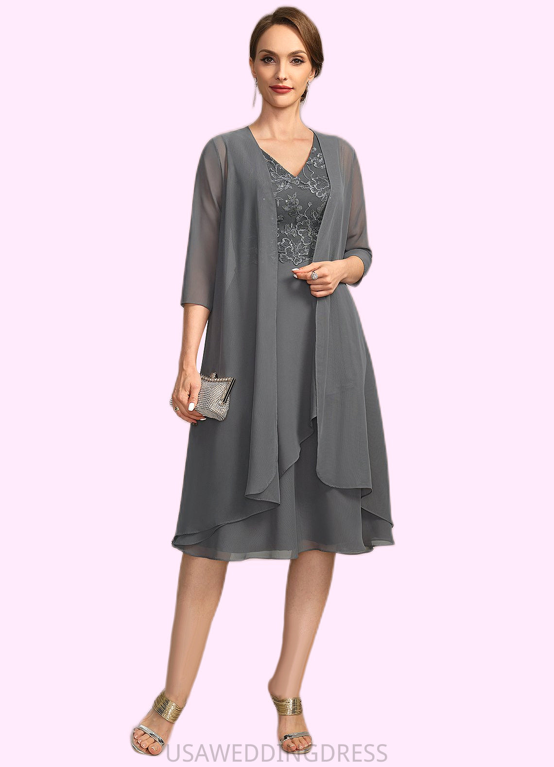 Eva A-line V-Neck Knee-Length Chiffon Lace Mother of the Bride Dress With Cascading Ruffles Sequins DS126P0021732