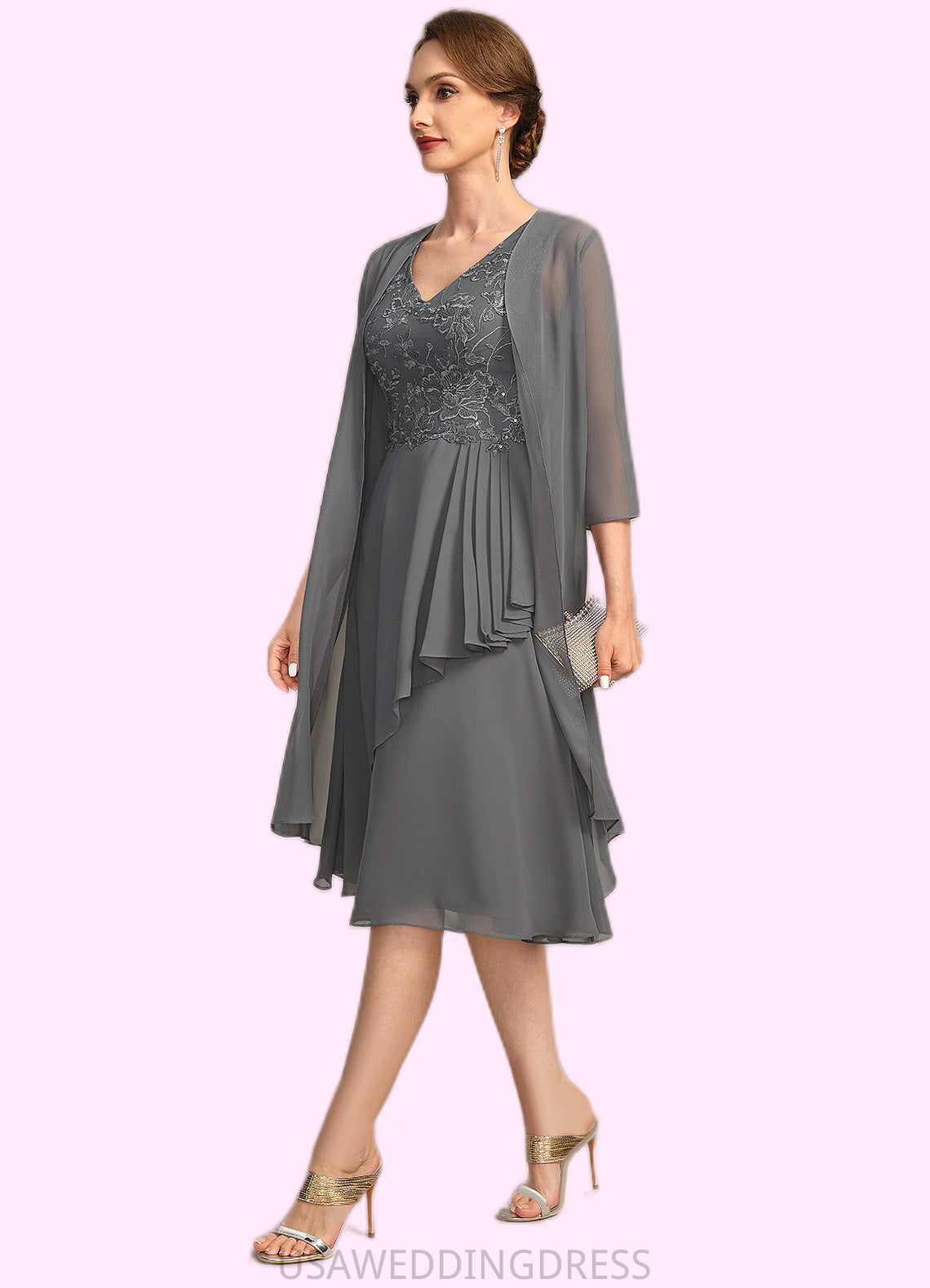 Eva A-line V-Neck Knee-Length Chiffon Lace Mother of the Bride Dress With Cascading Ruffles Sequins DS126P0021732