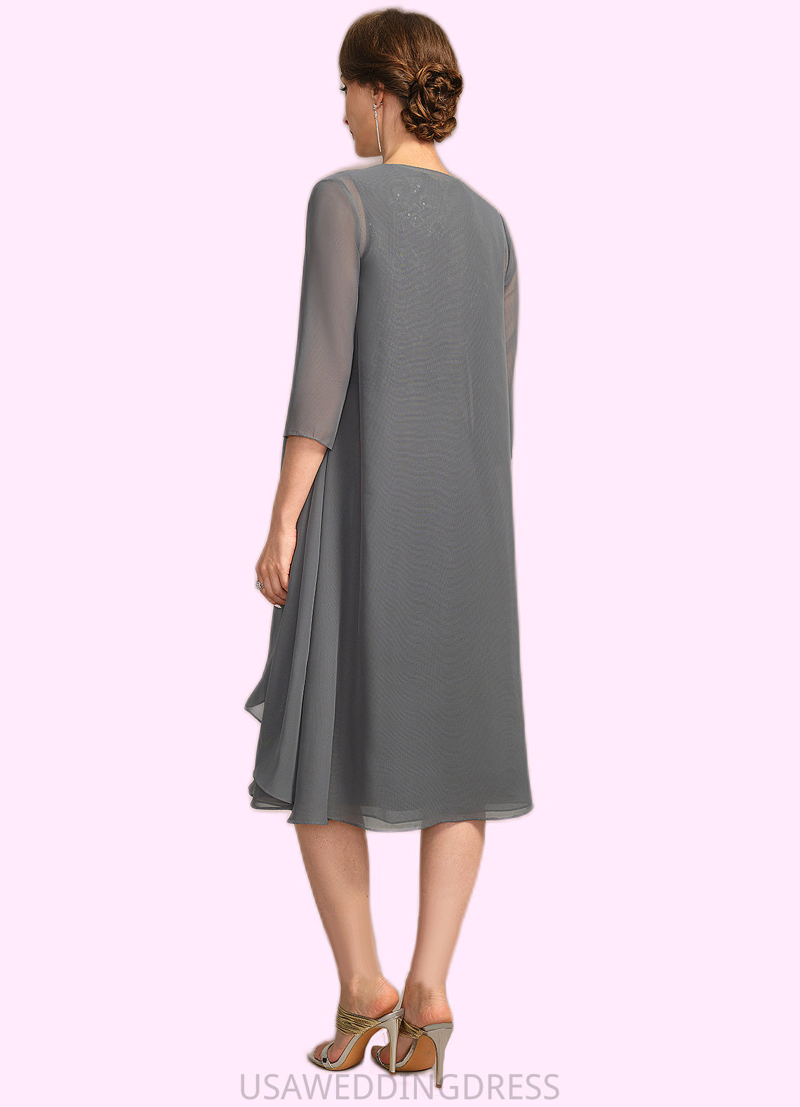 Eva A-line V-Neck Knee-Length Chiffon Lace Mother of the Bride Dress With Cascading Ruffles Sequins DS126P0021732