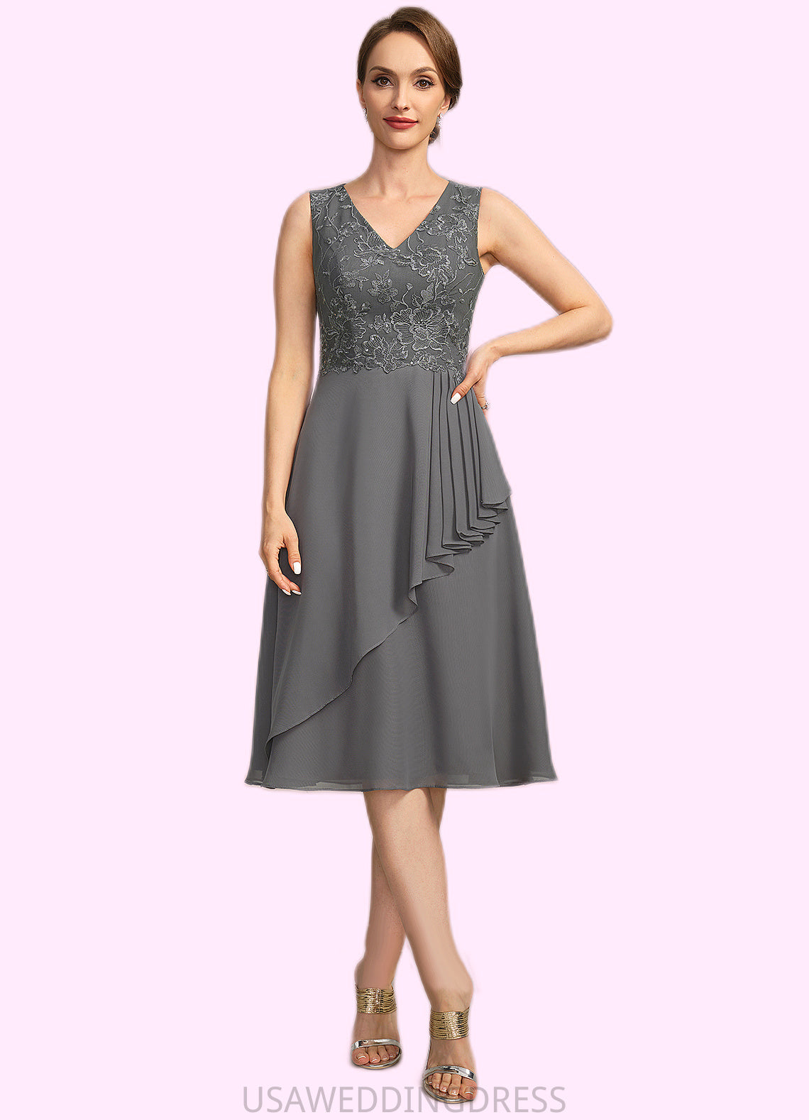 Eva A-line V-Neck Knee-Length Chiffon Lace Mother of the Bride Dress With Cascading Ruffles Sequins DS126P0021732