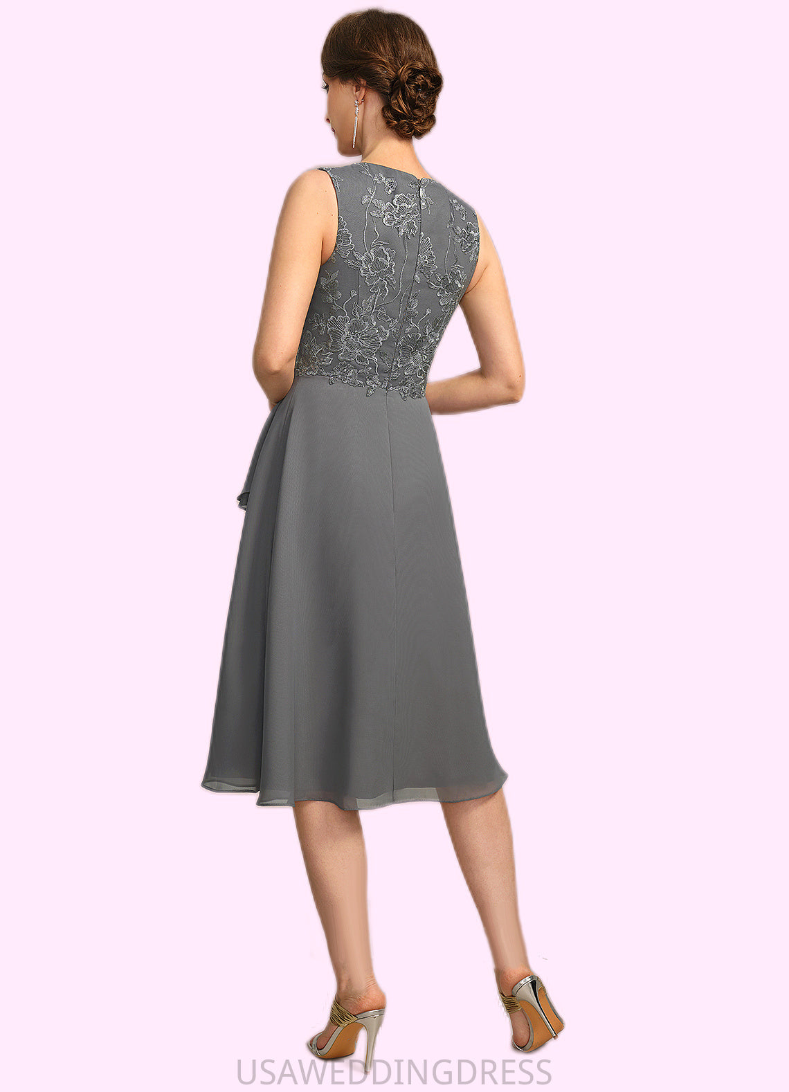 Eva A-line V-Neck Knee-Length Chiffon Lace Mother of the Bride Dress With Cascading Ruffles Sequins DS126P0021732