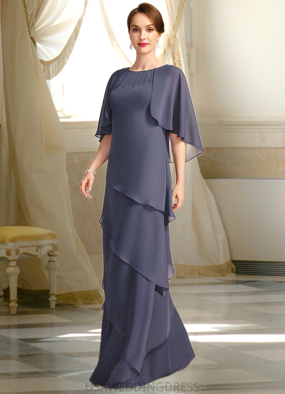 Anahi A-line Scoop Floor-Length Chiffon Mother of the Bride Dress With Beading DS126P0021735