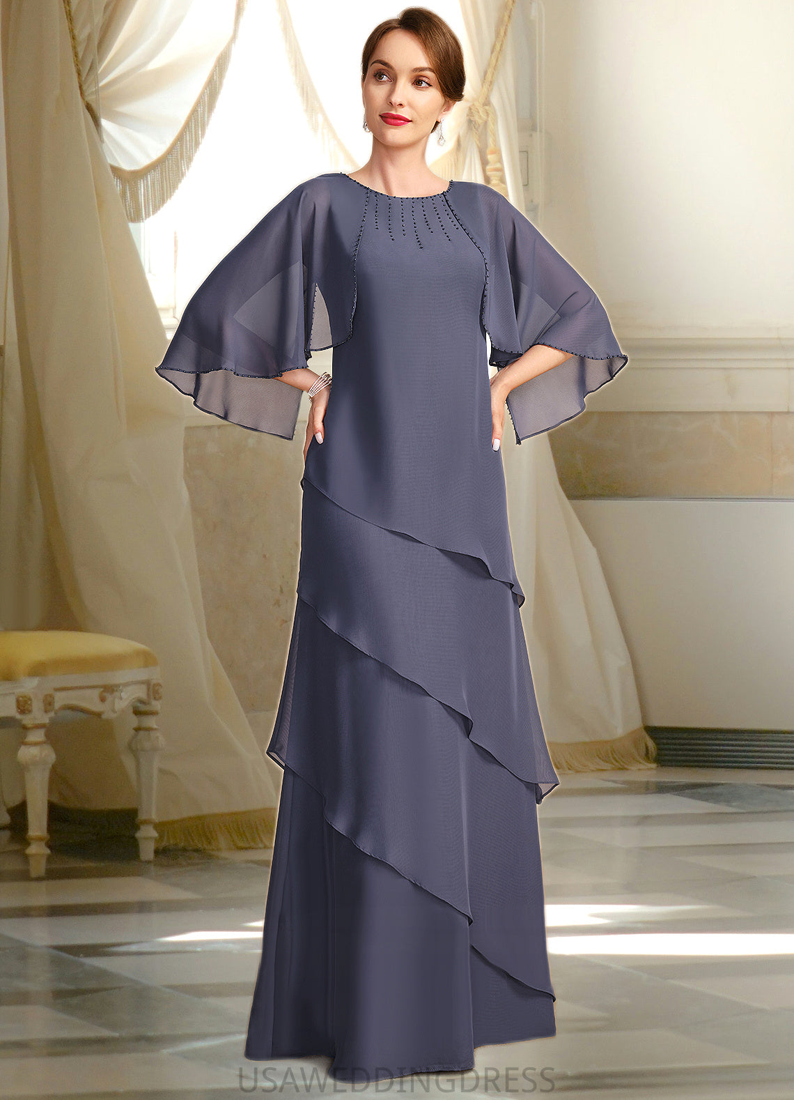 Anahi A-line Scoop Floor-Length Chiffon Mother of the Bride Dress With Beading DS126P0021735