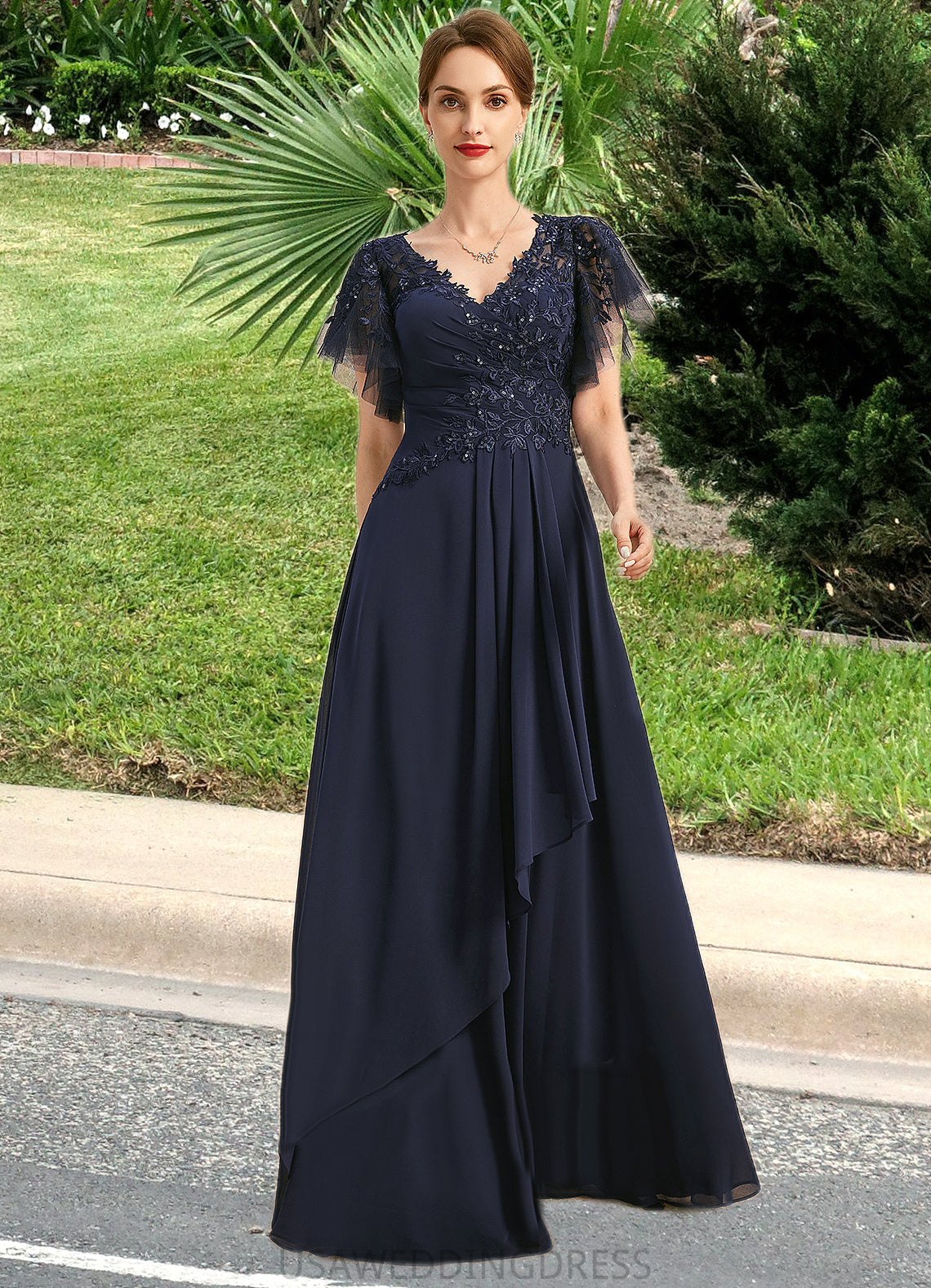 Matilda A-line V-Neck Floor-Length Chiffon Lace Mother of the Bride Dress With Cascading Ruffles Sequins DS126P0021738