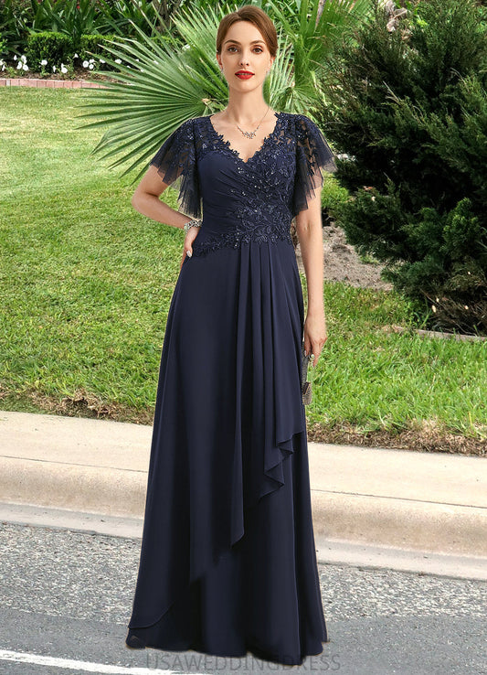 Matilda A-line V-Neck Floor-Length Chiffon Lace Mother of the Bride Dress With Cascading Ruffles Sequins DS126P0021738