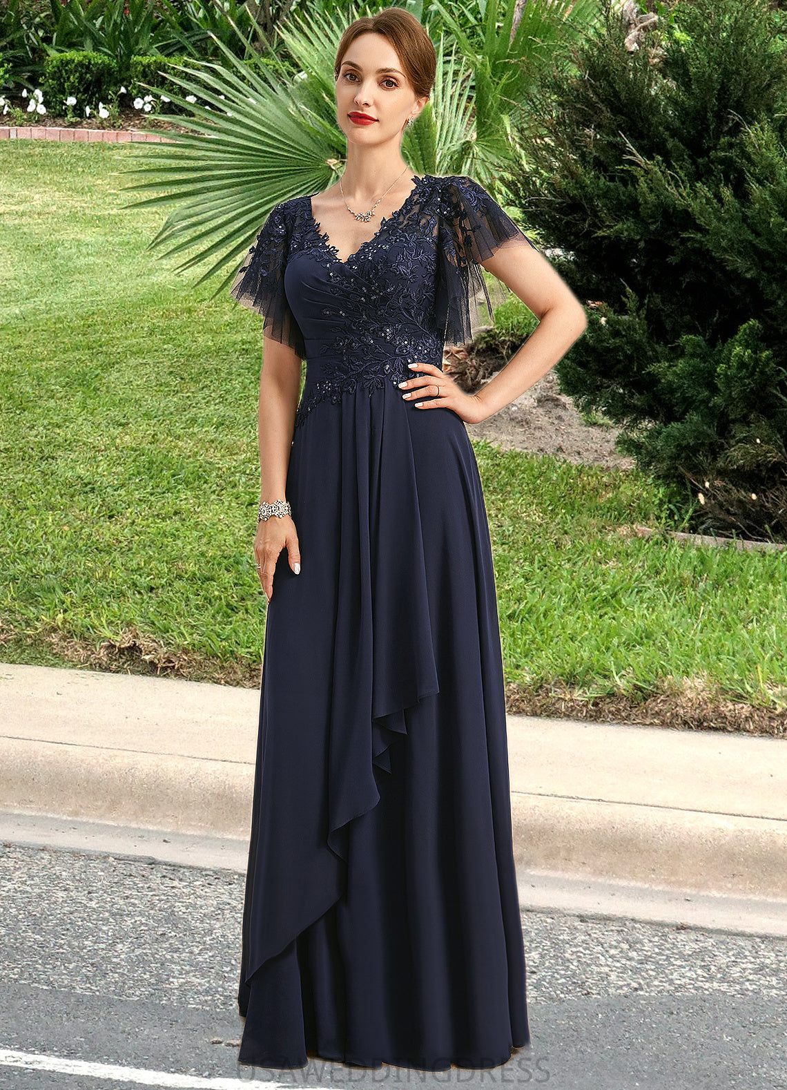 Matilda A-line V-Neck Floor-Length Chiffon Lace Mother of the Bride Dress With Cascading Ruffles Sequins DS126P0021738